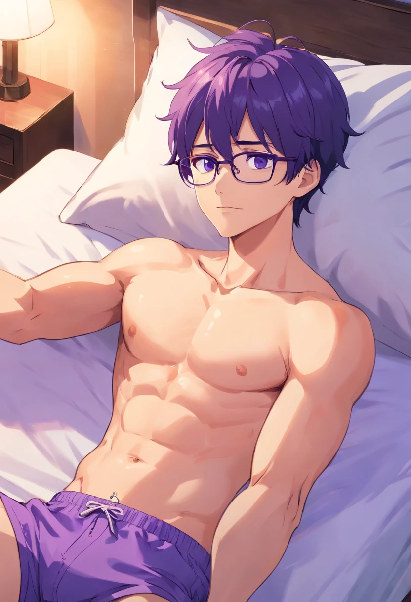 anime guy, purple hair, black-rimmed glasses, Cyan eyes, sports body, purple underpants, lying alone on a shirtless bed