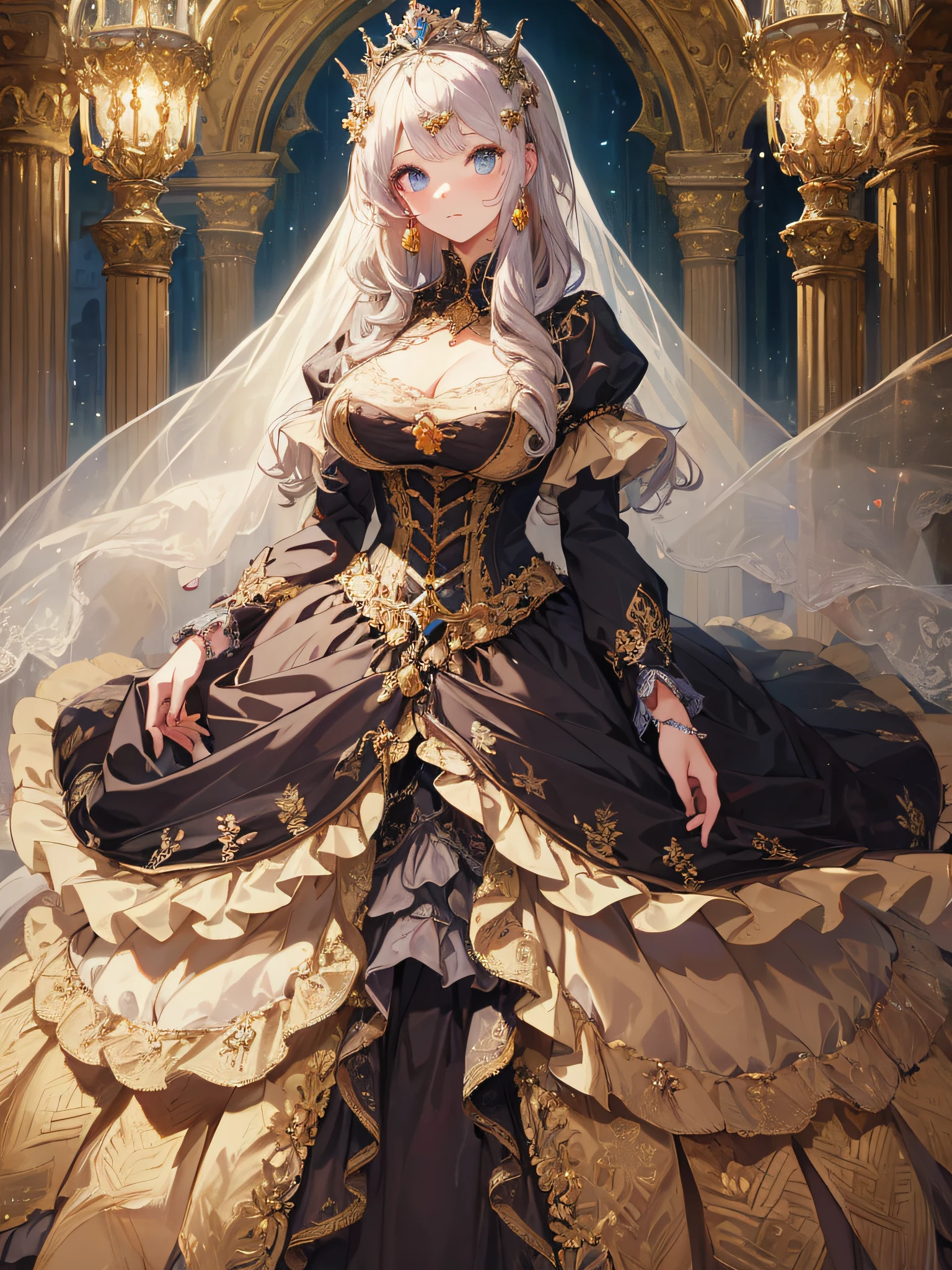 ((anime artstyle)),(Masterpiece),(Best Quality), (Super Detail),((Very Delicate and Beautiful)),cinematic lighting,1 girl,(((full body portrait))),standing in palace,((solo)),digital art,(((1 princess in beautiful embroidery and jeweledgorgeous princess rococo ballgown with voluminous full length hoop skirt))),crinoline,long train,((beautiful embroidery and jeweled)),voluminous frills,See-through,(gorgeous embroidery and beautiful lace),(((gigantic tits,skindentation))),((large amount of straight hair,extremely voluminous Hair,Very Long Straight Hair)),((finely detailed face and eyes)),clear pupil,extremely gorgeousfull hair ornament,(bling-bling jeweled extremely gorgeousfull tiara),(bling-bling gorgeous gemstone jewelry),long veil,(beautiful background),full body,((gorgeous princess rococo ballgown with voluminous full length hoop skirt))