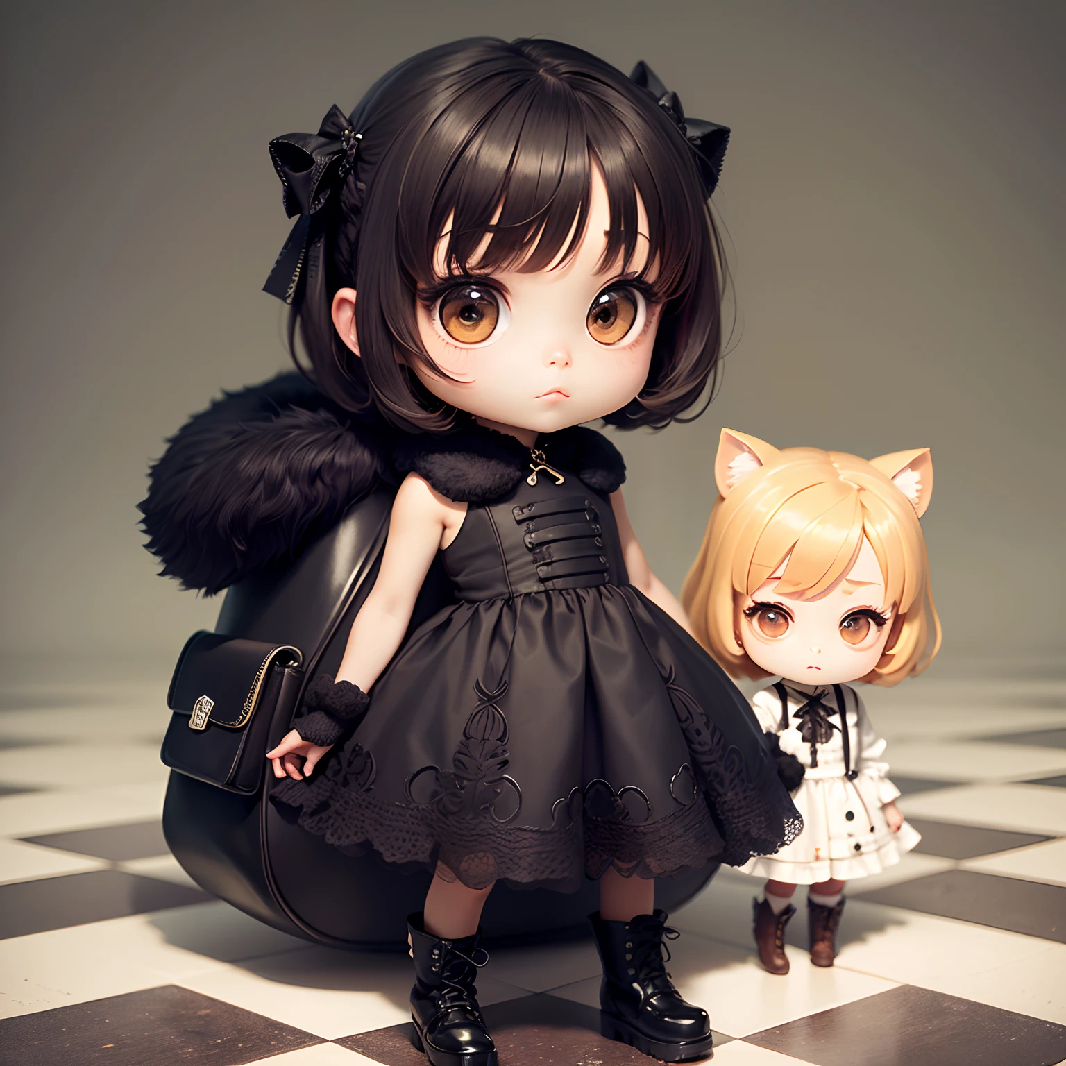 ​masterpiece、top-quality、ultra-detailliert、(Chibi Chara:1.2)、(Thom Brown Design Dress: 1.4)、Black Fur Mini Bag、Black braided boots、Argyle pattern wallpaper、