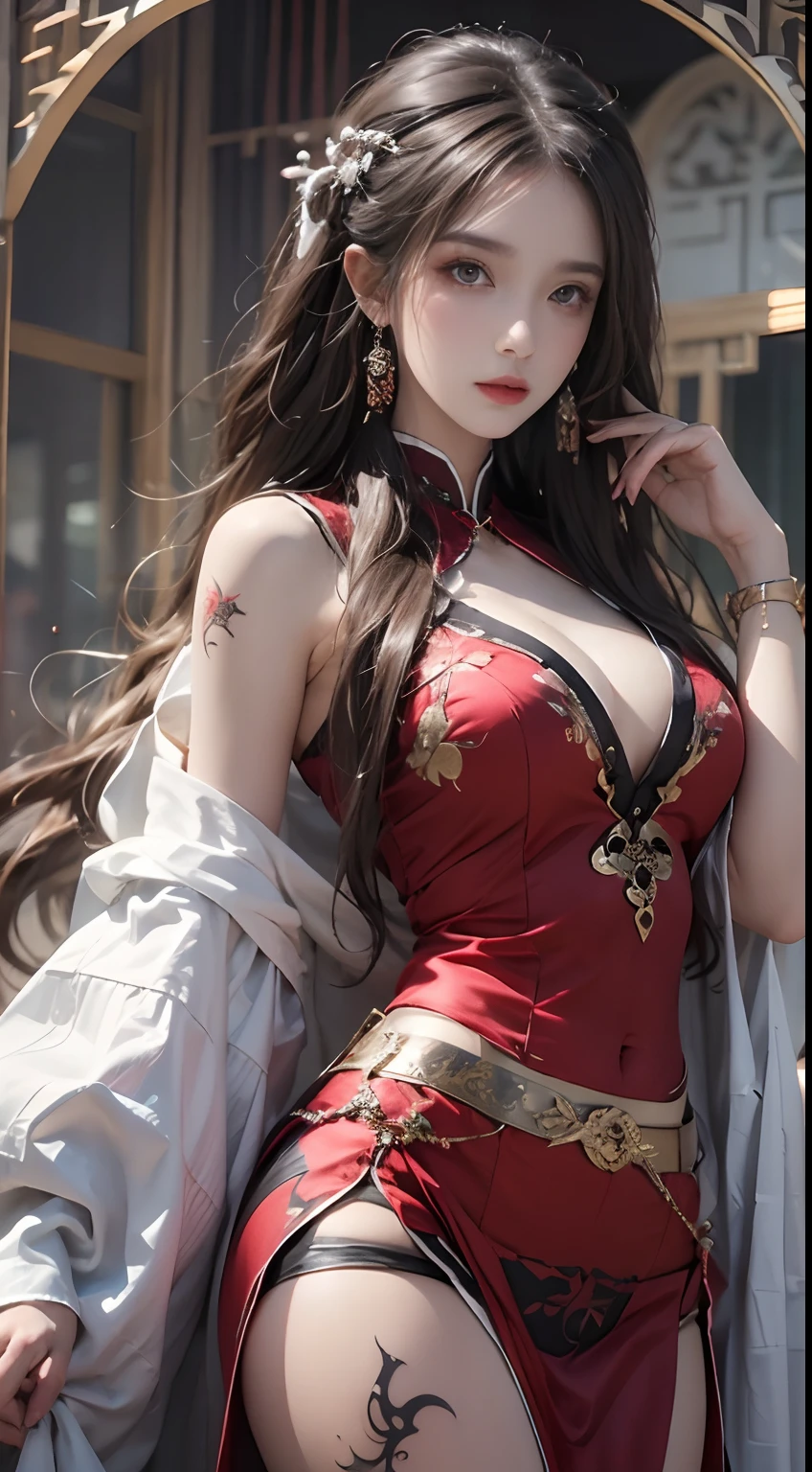 Photorealistic, high resolution, 1 woman, Hips up, Beautiful eyes, Long hair, ringed eyes, jewelry, tattoo, Hanfu, Chinese fairy, Taoist uniform