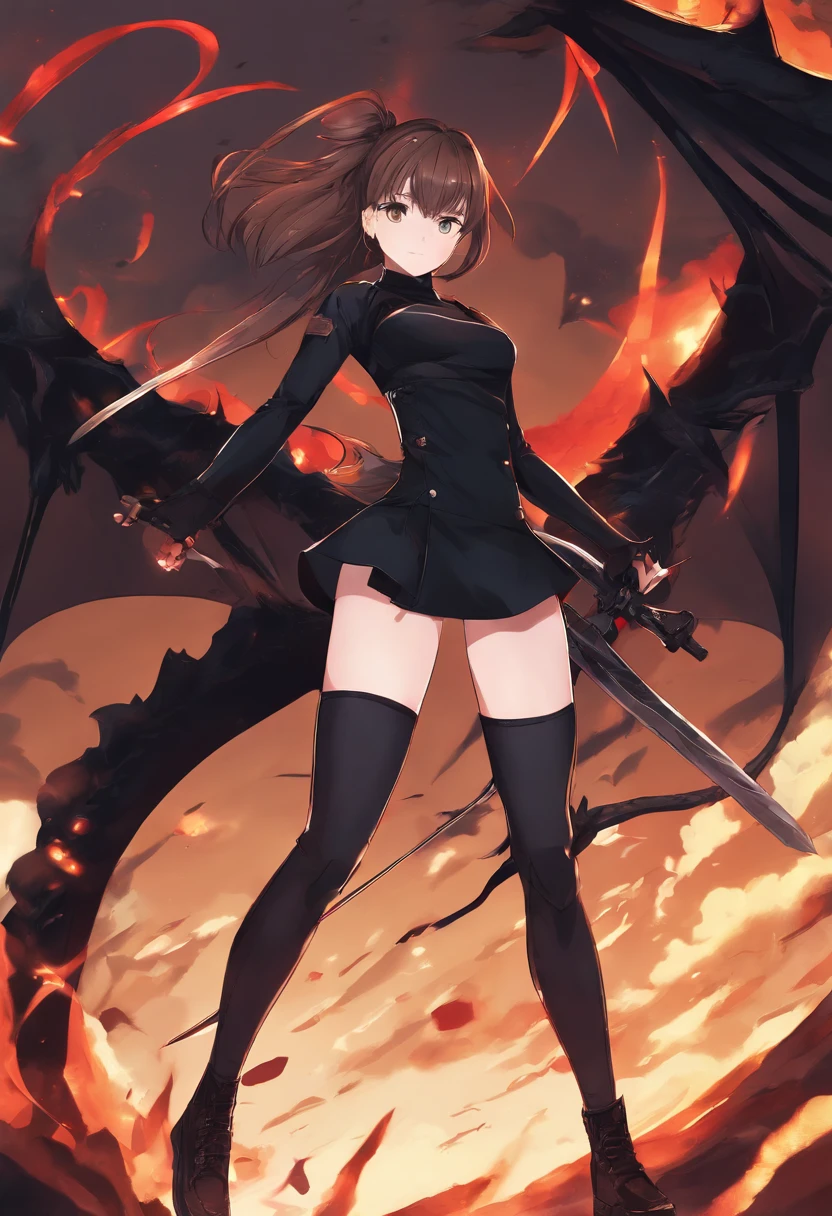 (a brown haired girl with a heart shaped face),(black clothes,all black outfit),(ponytail:1.1),(weapon),(fighting),(dragon),(detailed,fierce,battle),(intense lighting),(best quality,highres:1.2),(photorealistic:1.37),(concept art),(vivid colors),(dramatic lighting)