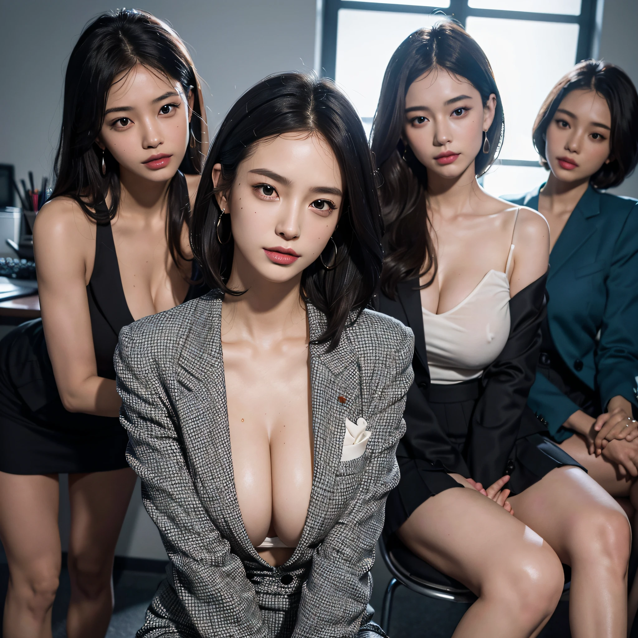 absurdres, RAW photo, extremely delicate and beautiful, masterpiece, Best Quality, ultra high resolution, 16k, hyperrealistic, ultra-detailed, Very detailed CG 8k wallpaper, Beautiful Lighting, Perfect Lightning, Realistic Shadows, perfect anatomy, super Detailed skin, perfect figure, Japanese woman, late 20s, very Slim body, narrow waist, very small head, handsome detailed woman, very detailed eyes and face, realistic face proportions, Stunning detailed eyes, Realistic beautiful face, very small face, Realistic small beautiful eyes, double eyelids, makeup, tearful mole, mole on chest, earring, bare legs, beautiful and very thin legs, beautiful and very thin thighs, (very huge round breasts:1.3), short hair, wavy hair, sweat, tight-fitting, cleavage, Fine Collarbone, (3 girls:1.5), (office lady suit:1.3), (skirt suit), (suit jacket),