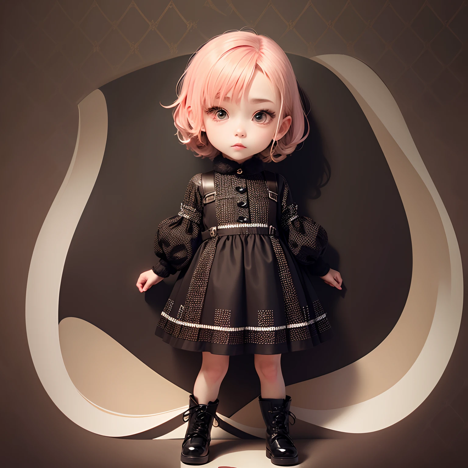 masterpiece、top-quality、ultra-detailliert、(Chibi Chara:1.2)、(Thom Brown Design Dress: 1.4)、Black Fur Mini Bag、Black braided boots、Argyle pattern wallpaper、