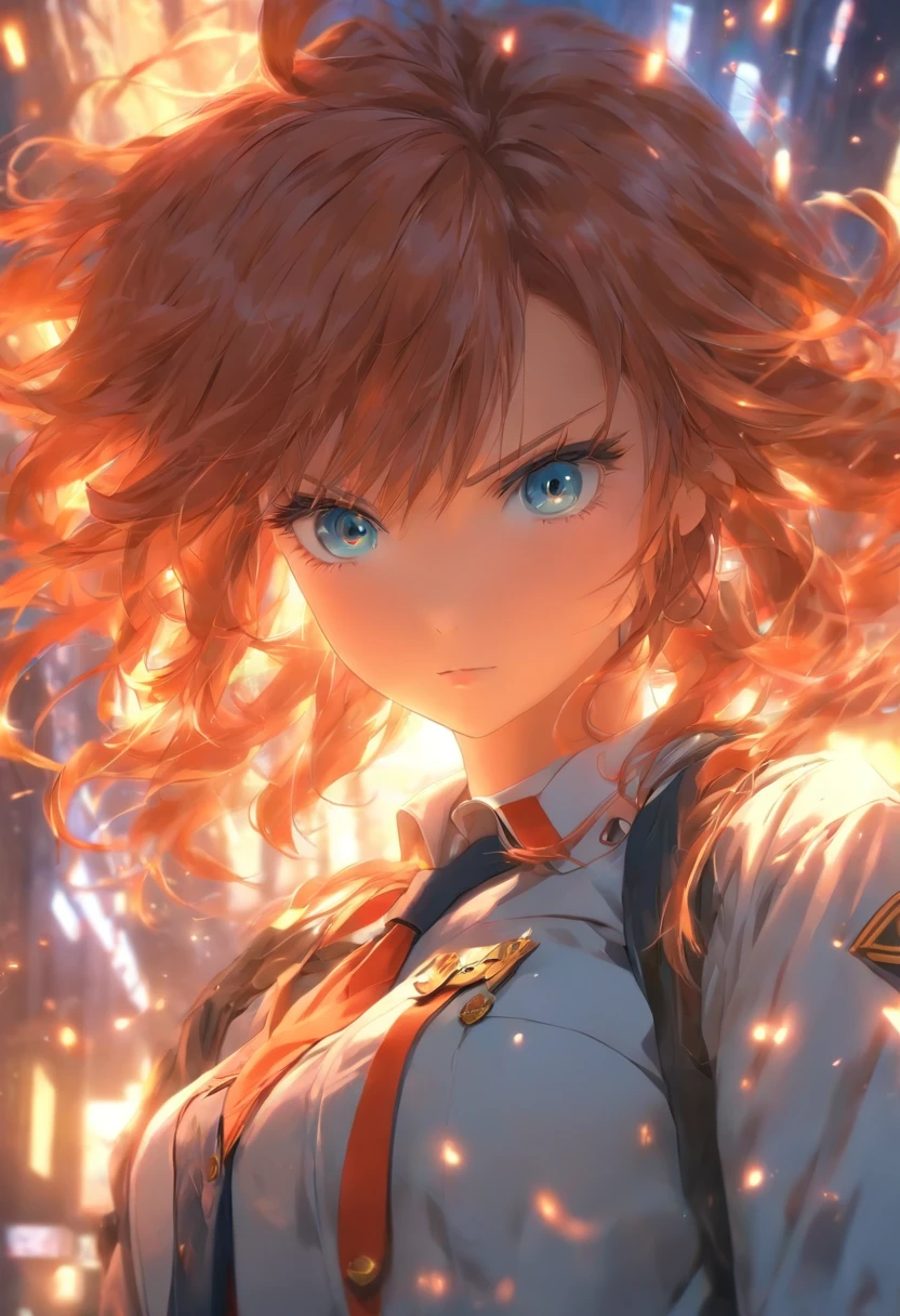 masterpiece, best quality, 1girl, copper hair, blue eyes, long hair, solo, university uniform,