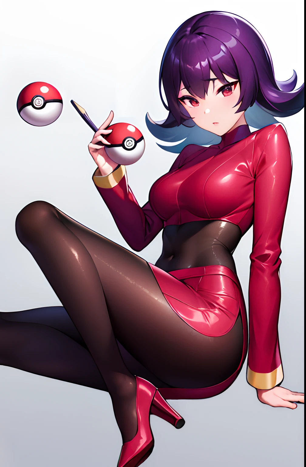 (​masterpiece、top-quality:1.2)、1girl in、独奏、sabrina、A pokémon、length hair、purple color  hair、bluntbangs、red eyes、((White blouses))、((pantyhose))、(high-heels)、simple background、((pencil skirts))、(pokeball)