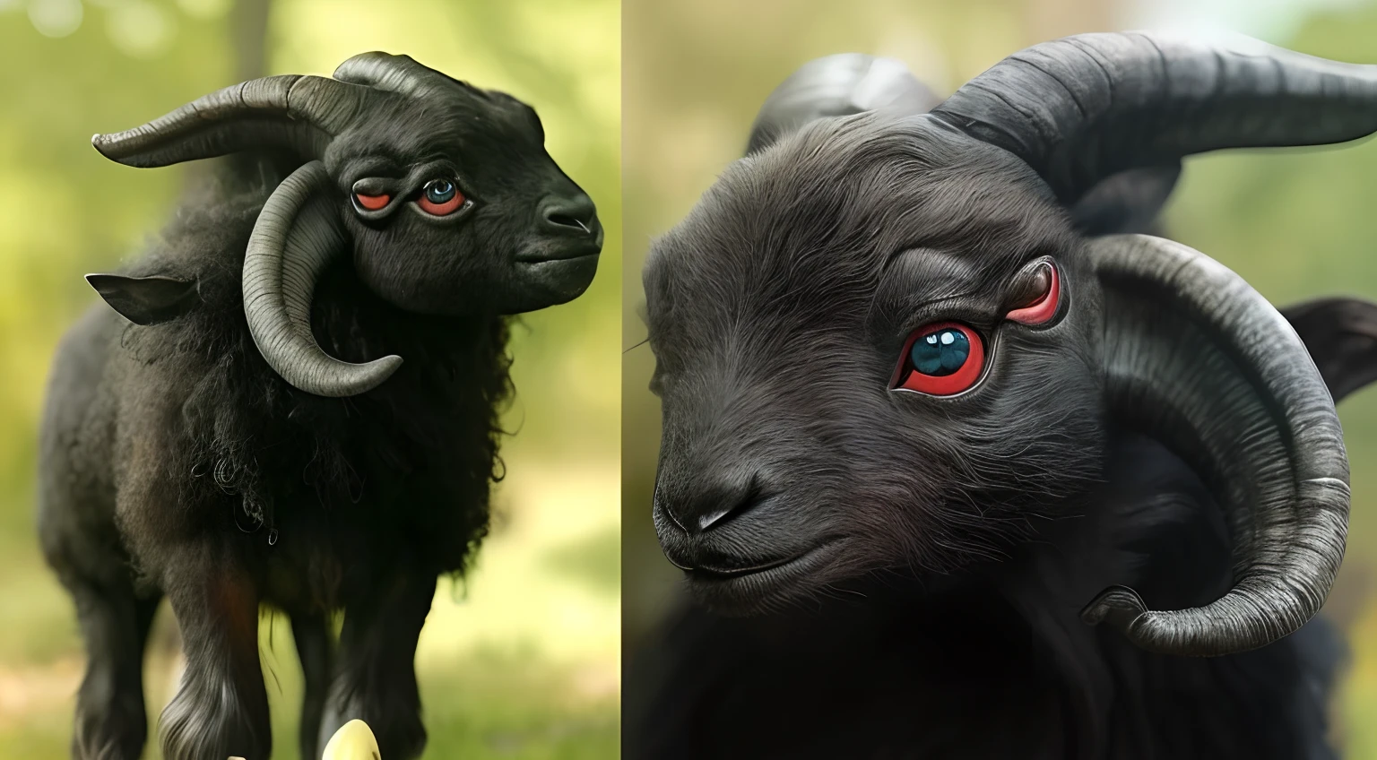 There are two pictures of a goat with red eyes and a black goat with red eyes, human lamb hybrid, monstro de fantasia hiper realista, the most bizarre hybrid animals, surreal hybrid animals, real life pokemons, com olhos vermelhos brilhantes, conceito de criatura realista, hybrid animal, chifres e olhos vermelhos, 8 k criatura ultra realista, Olhos crescendo na criatura, Ultra realistic demonic creature, cabra sombria e tenebrosa, criatura macabra ultra realista, Dark and anti-Christian devil's macabre lamb