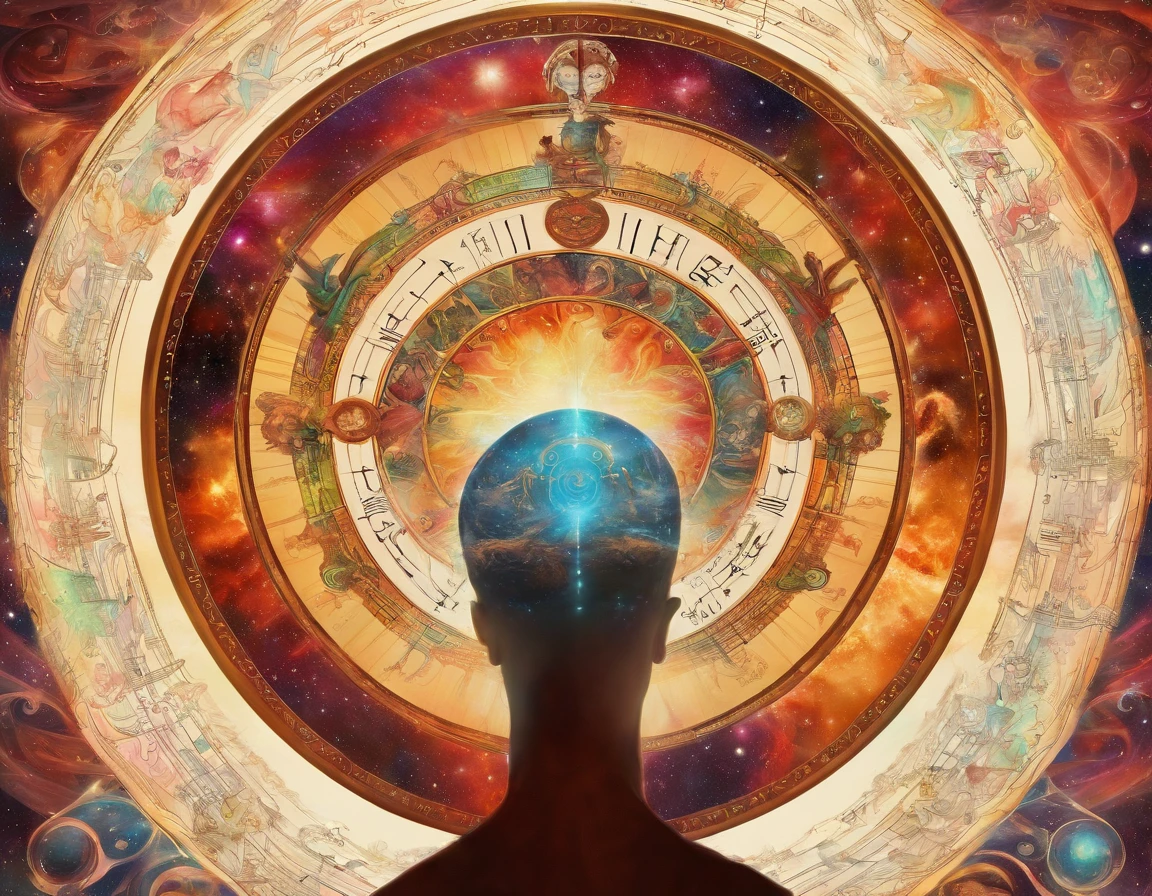 Um homem representa o signo de Touro, he's facing off, corpo forte parecendo um deus, with the figure of the zodiacal wheel behind him, luzes coloridas, alta qualidade, rosto perfeito, corpo inteiro