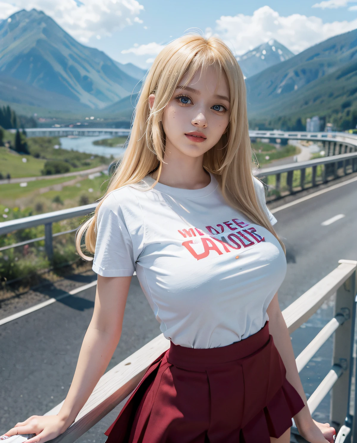 1girl, Blue eyes, smiling, (Sana Minatozaki), wide hips, Big Boobs, big ass, (Best Quality, 8k, Masterpiece: 1.3), perfect hands, Clear Focus: 1.2, Perfect Body Beauty: 1.4 , Slender Abs: 1.2, Highly detailed face and skin texture, detailed eyes, double eyelids, (blonde long hair whit bangs), (t-shirt), (red tiered skirt :1.1) (standing), dynamic pose, (standing on a bridge with cars passing by), mountains in the background