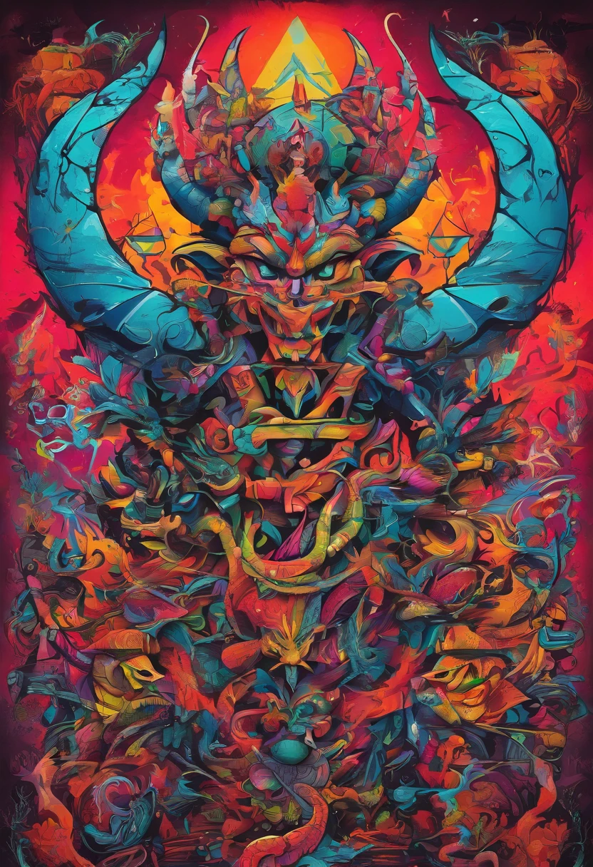 ,a poster of two demonic looking men with colorful hair and makeup, surrounded by other demonic looking men, in a psychedelic space, Dan Mumford, josan gonzales and dan mumford, poster art, psychedelic art