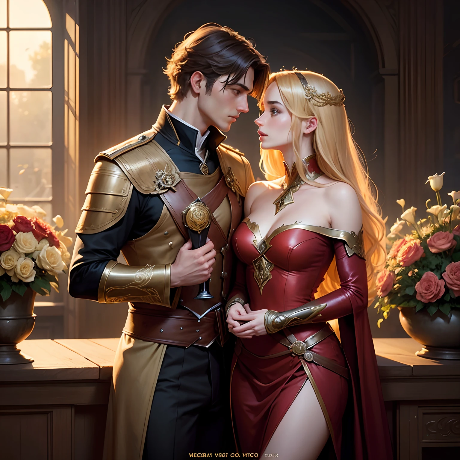 Two 1 Niels Visser is a prince with golden blonde hair, Wearing medieval military uniform、I'm in love with Lily Collins 2, I have curly black hair.、Person wearing a red dress, The two kiss very affectionately, Detailed romance book cover illustration, Smooth, Light background full of flowers, art by Greg Hildebrandt, Citemer Liu, Stjepan Sejic, Samyang, Aykut Aydogdu, Justin Gerard, Alphonse Mucha, ArtGerm, wlop, and greg rutkowski