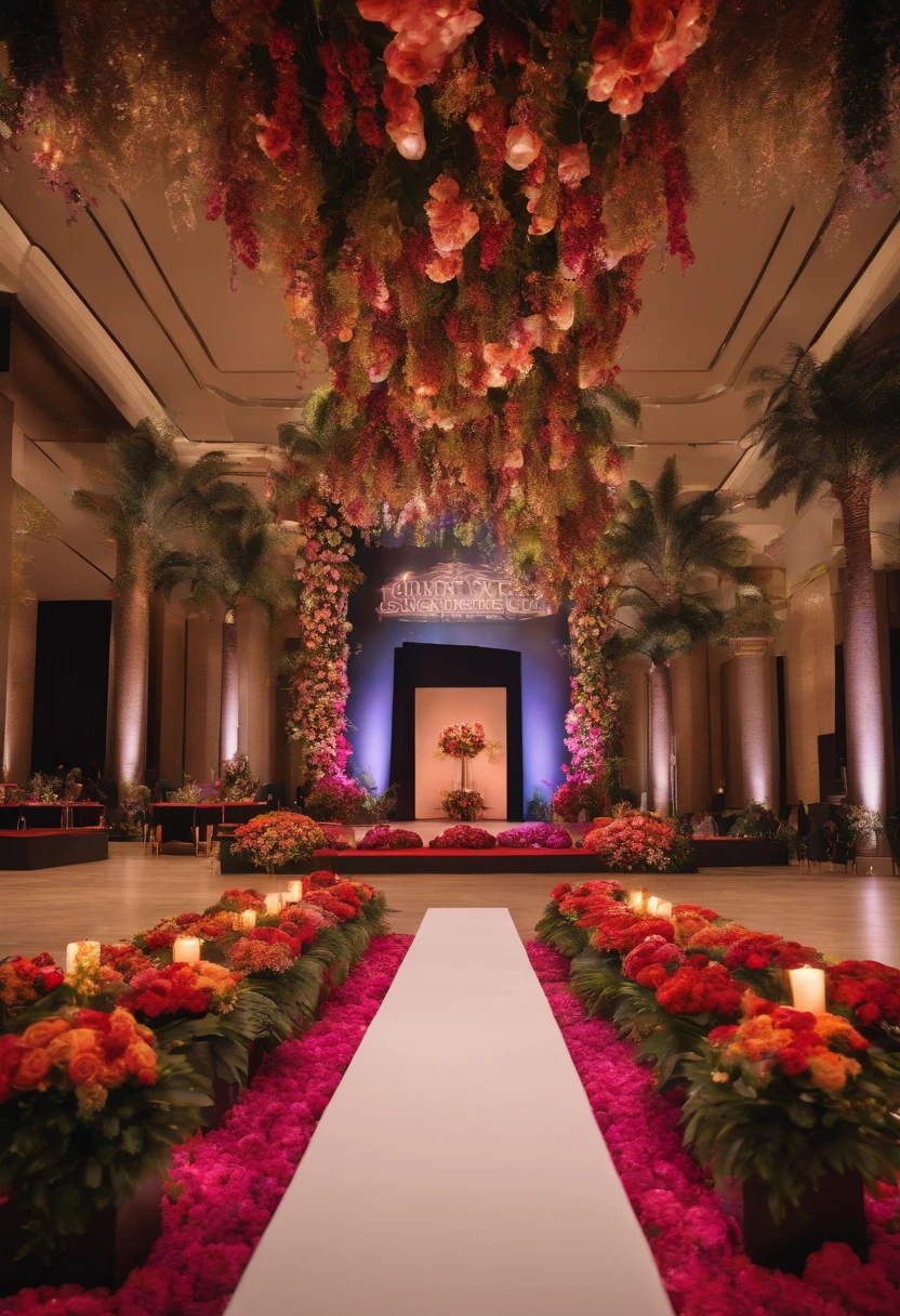 event concept stage with flowers, colorful , event in the mall