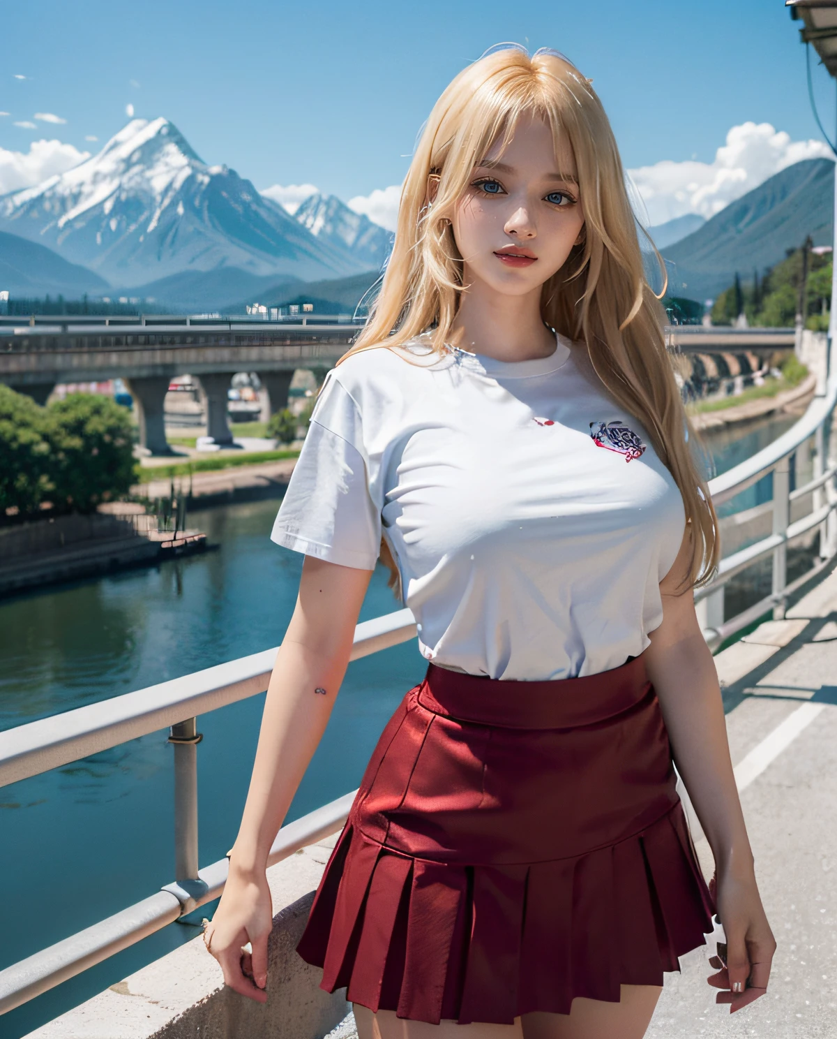 1girl, Blue eyes, smiling, (Sana Minatozaki), wide hips, Big Boobs, big ass, (Best Quality, 8k, Masterpiece: 1.3), perfect hands, Clear Focus: 1.2, Perfect Body Beauty: 1.4 , Slender Abs: 1.2, Highly detailed face and skin texture, detailed eyes, double eyelids, (blonde long hair whit bangs), (t-shirt), (red tiered skirt :1.3) (standing), dynamic pose, (standing on a bridge with cars passing by), mountains in the background