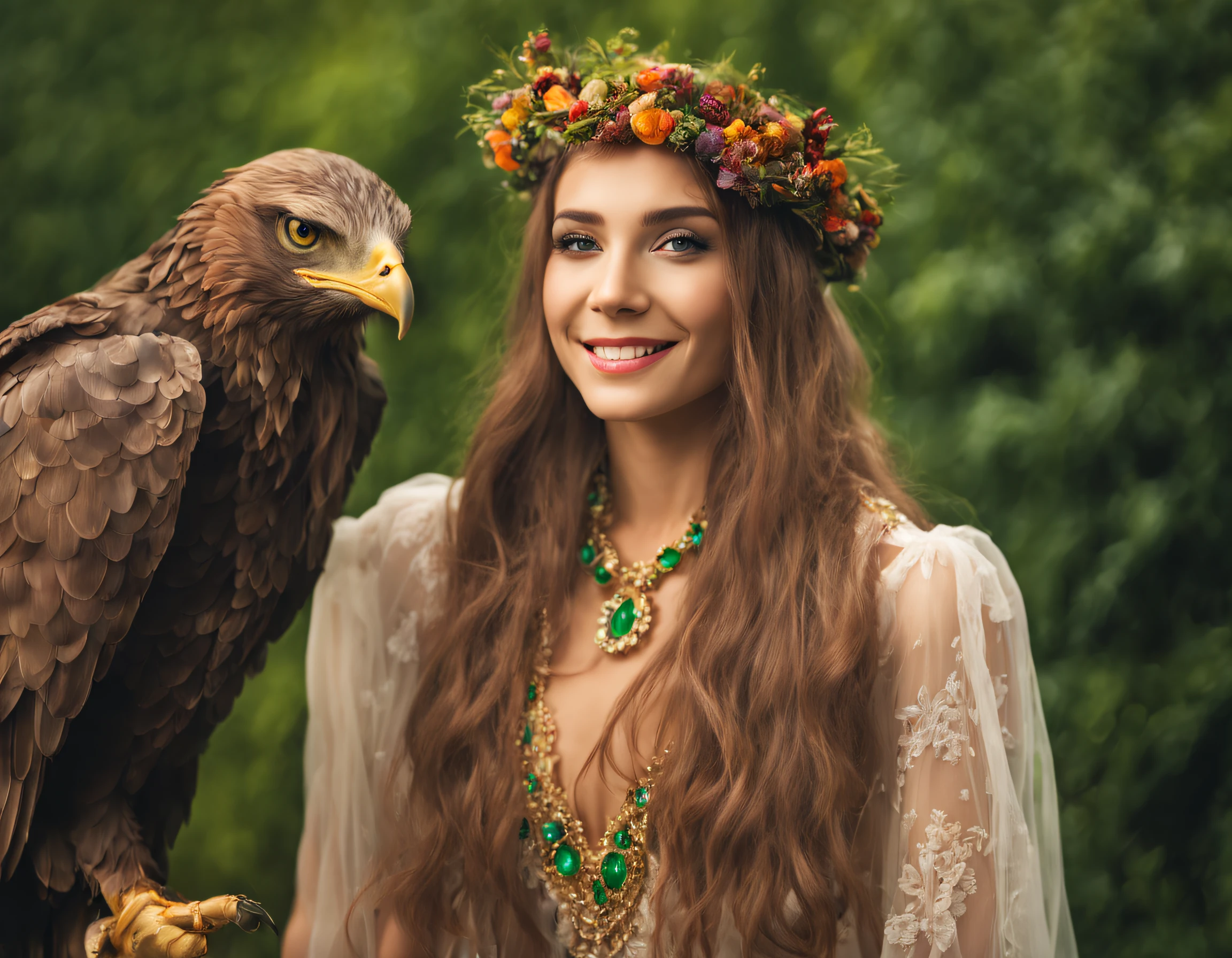 Close-up de uma (((bela linda e jovem mulher))), com uma (((giant eagle))), (((ao seu lado com as asas abertas, giving protection))) , (((a linda e jovem mulher com seus lindos cabelos olhos verdes e um lindo vestido cabelos prateados))), melhor qualidade, primitivo, a noite, (((Super-detailed, high-precision details))), (((The image is clear and sharp)))