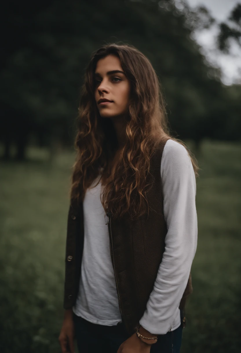 Retrato de um garoto jovem de 18 anos, usando uma roupa estilosa, sem barba, cabelo curto para o lado e liso