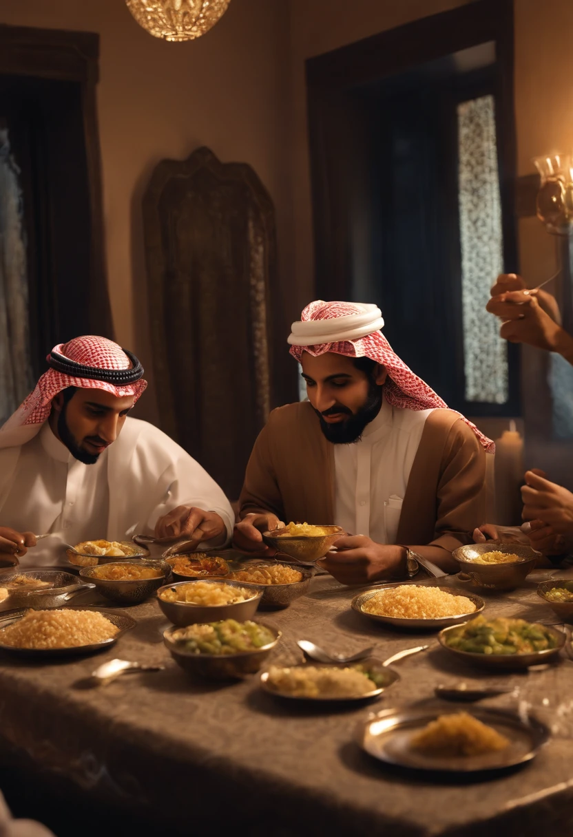 A affe a group young Saudi arabian men ,eating rice at dinning table ,Muhammad Bin Salman ,ultra-realistic realism,highly detailed,ulta real