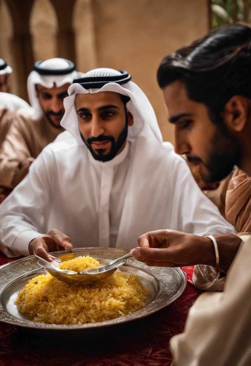 A affe a group young Saudi arabian men ,eating rice at dinning table ,Muhammad Bin Salman ,ultra-realistic realism,highly detailed,ulta real