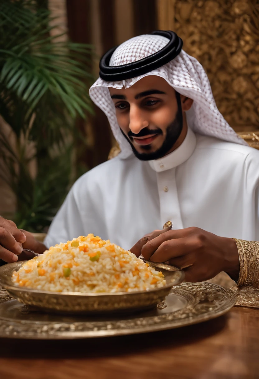 A affe a group young Saudi arabian men ,eating rice at dinning table ,Muhammad Bin Salman ,ultra-realistic realism,highly detailed,ulta real