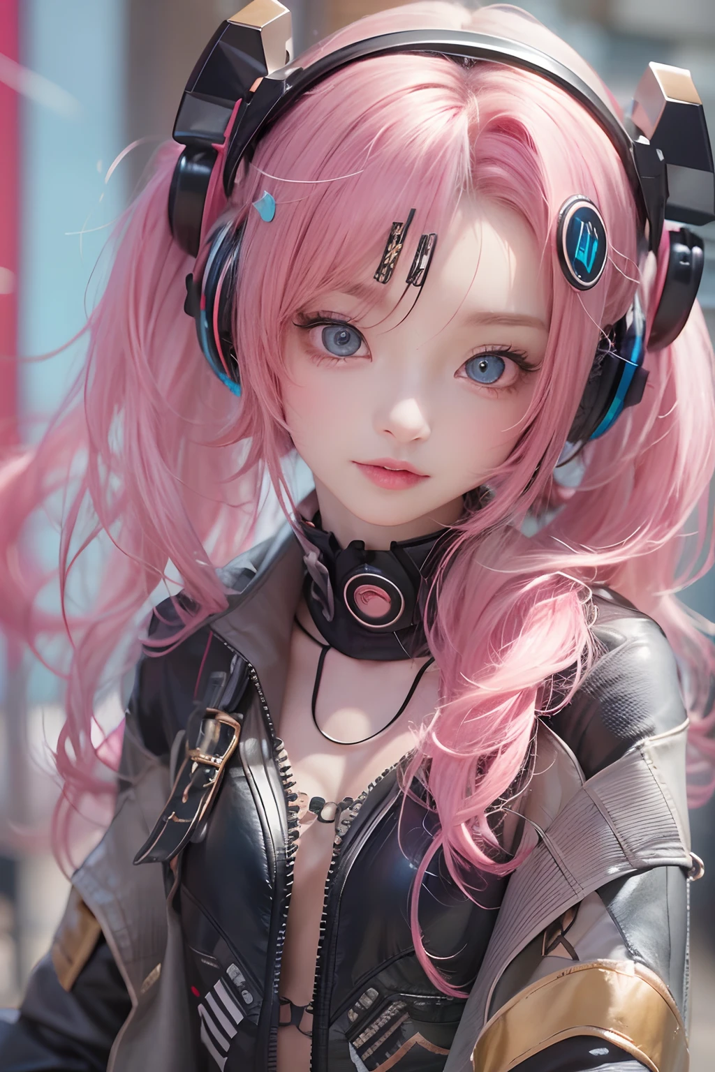 ​masterpiece, 1 beautiful girl, Detailed eye, Swollen eyes, top-quality, 超A high resolution, 电影灯光, japanes, a asian beauty, very extremely beautiful, Beautiful skins, A slender, Forward-facing body, gazing at viewer、(animesque), (hight resolution), , (ighly detailed), ( Best Illustration), (beautifully detailed eyes), (ultra-detailliert), 详细的脸, Bright lighting, Professional Lighting、The background is a cyberpunk room with many monitors.............、Hair color is pink twin tails、、headset on head、Moles under the eyes、Plump and glossy lips、Heart-shaped choker、Female Game Commentator、animesque