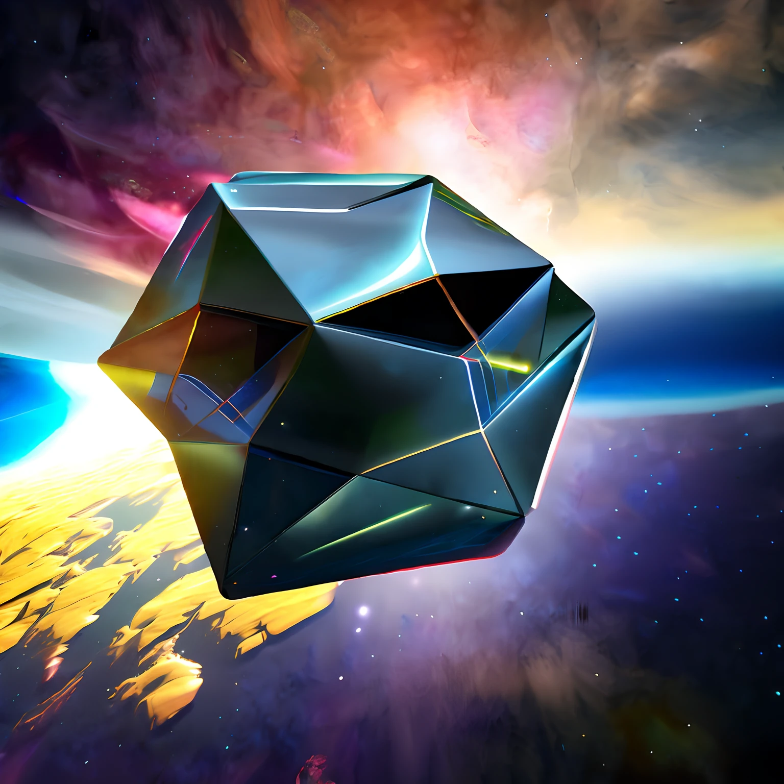 A 3D lead stone polygon flying in outer space.