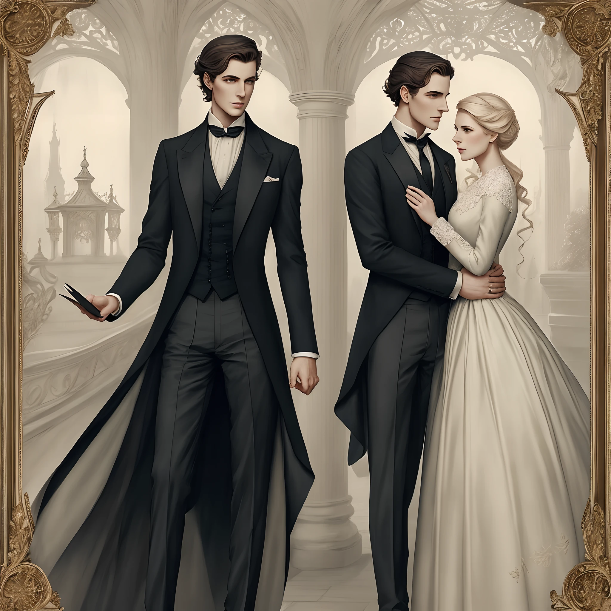 there is a man and woman dressed in formal clothing standing together, edmund blair and charlie bowater, charlie bowater and tom bagshaw, charlie bowater and artgeem, style of charlie bowater, in style of charlie bowater, charlie bowater and mark brooks, romantic storybook fantasy, charlie bowater art style, romance novel cover