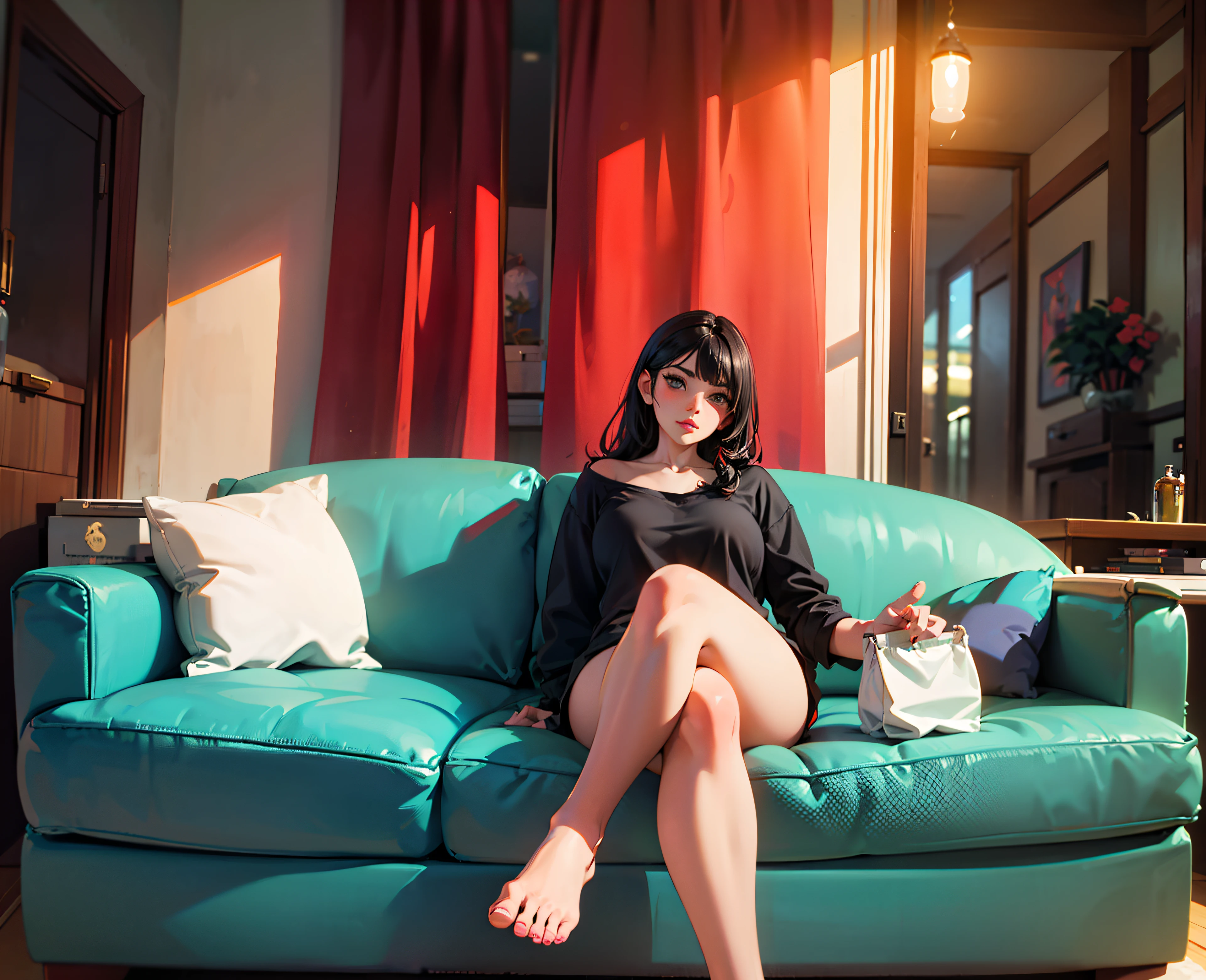 there is a woman sitting on a couch in a room, sitting on the sofa, with lovely look, lovely woman, sitting in a lounge, sitting on couch, sitting on a sofa, candid picture, no footwear, exposed feet, showing off her feet, she curled her feet, sexy feet, nail polish on her toe nails, opens her shirt, exposed boobs, showing breast, long black color curly hair, long black hair, her hair is curly, wearing front opened shirt, exposing her breasts, showing breasts, no footwear, bare sexy foot, nothing on her foot, no straps on her feet, full nude, no clothes, exposed nipples, beautiful face, pretty face, full nude