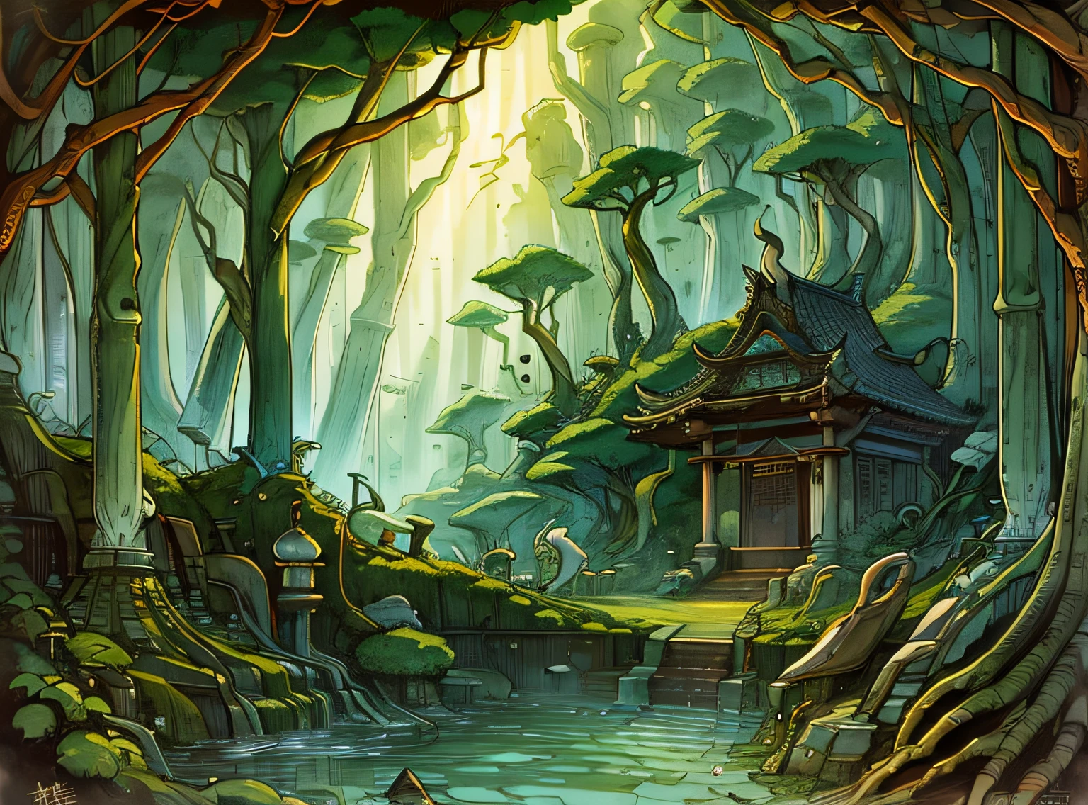 an oriental construction of a (bath house) in the middle of a bamboo forest, stone bath house, magic forest, vapor, dark, beautiful art, (no humans)