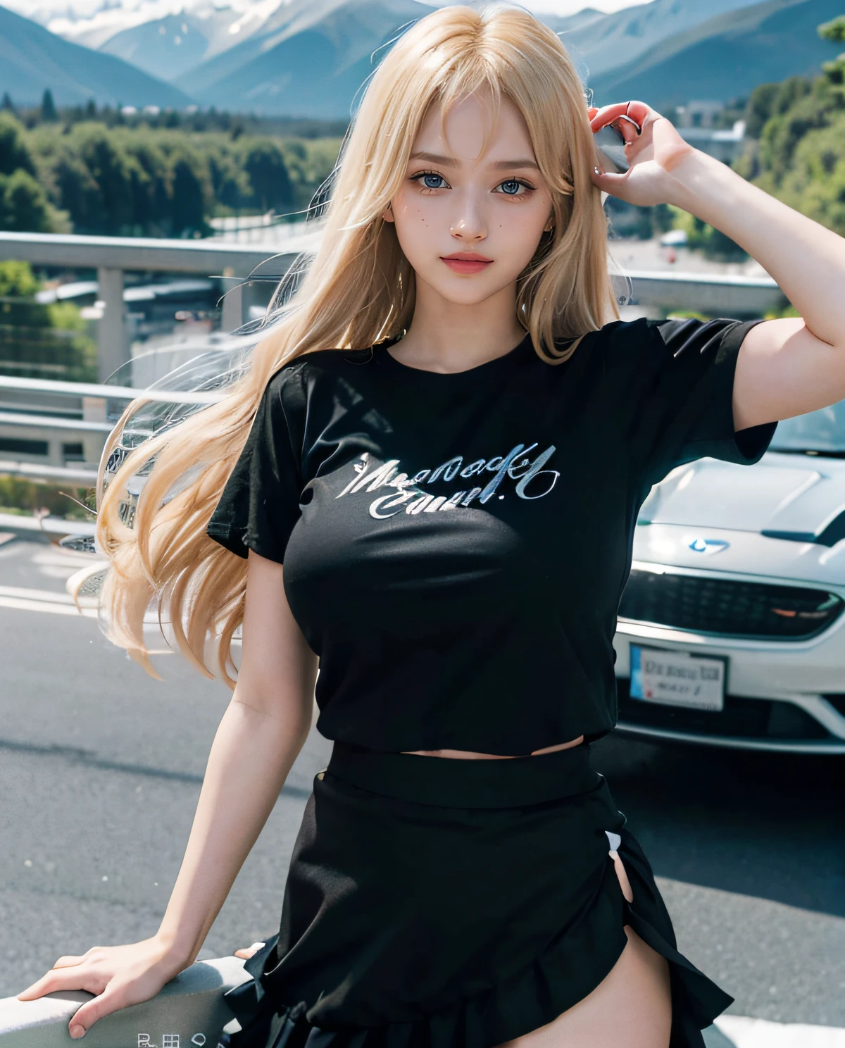 1girl, Blue eyes, smiling, (Sana Minatozaki), wide hips, Big Boobs, big ass, (Best Quality, 8k, Masterpiece: 1.3), perfect hands, Clear Focus: 1.2, Perfect Body Beauty: 1.4 , Slender Abs: 1.2, Highly detailed face and skin texture, detailed eyes, double eyelids, (blonde long hair whit bangs), (black t-shirt), (tiered skirt :1.3) (standing), dynamic pose, (standing on a bridge with cars passing by), mountains in the background