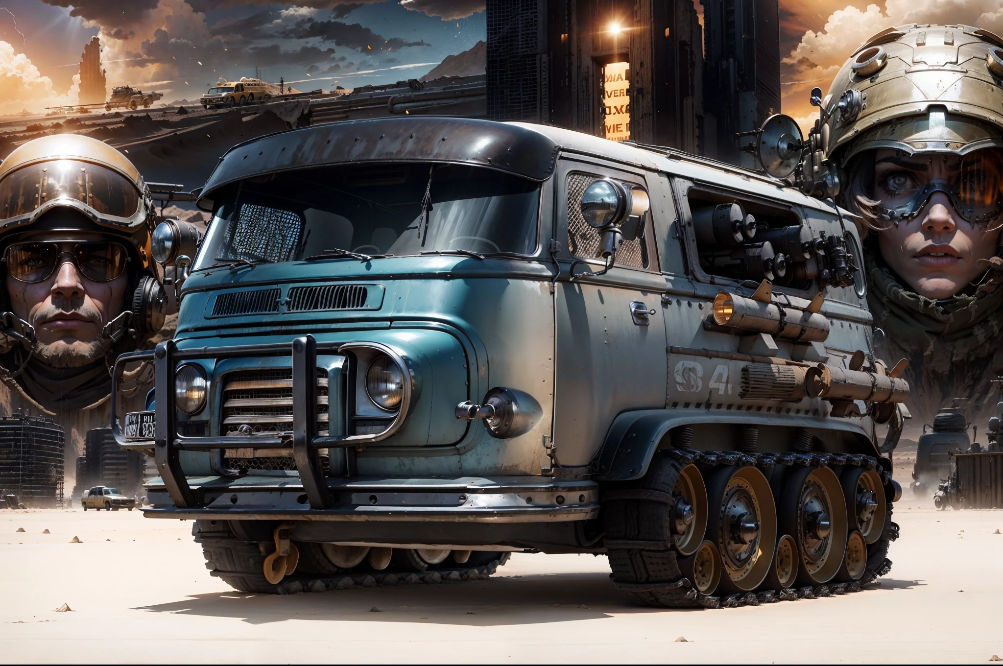 Uma Volksvagen Kombi GRUNGE and old todo-poderoso estilo Mad Max com torpedos e turbina, behind a pilot in Mad Max-style clothes and on the other side a beautiful Mad Max-style warrior woman and in the background explosions in the middle of the desert with Mad Max-style buildings and constructions, The whole scene is in orange yellow hues of the dry desert with a sun shining in the sky