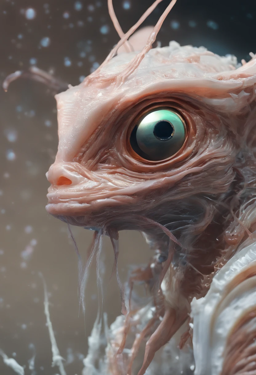 fking_scifi_v2, portrait of an alien , large eyes,  slick skin, slime, large mouth, 80mm, f/1.8, dof, bokeh, depth of field, subsurface scattering, stippling