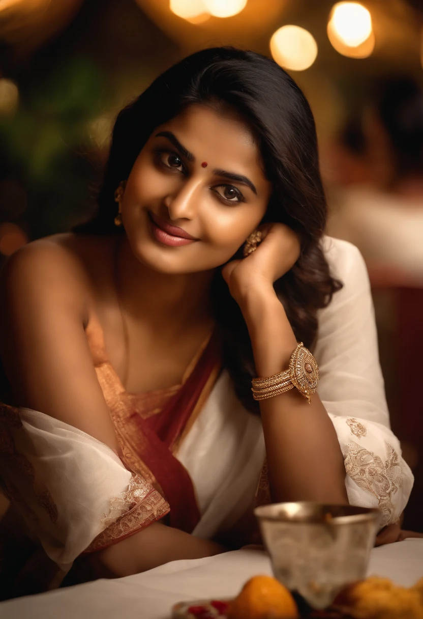 Indian woman sitting at a table in a restaurant with a glass of wine, gorgeous young Indian woman, beautiful young Indian woman, beautiful south indian woman, No background blur, overcast lighting, no cinematic lighting, round face, indian girl, beautiful korean girl, Mobile photography , mobile camera, taken in movile phone, realistic, ultra realistic human, female from india, in white clothes