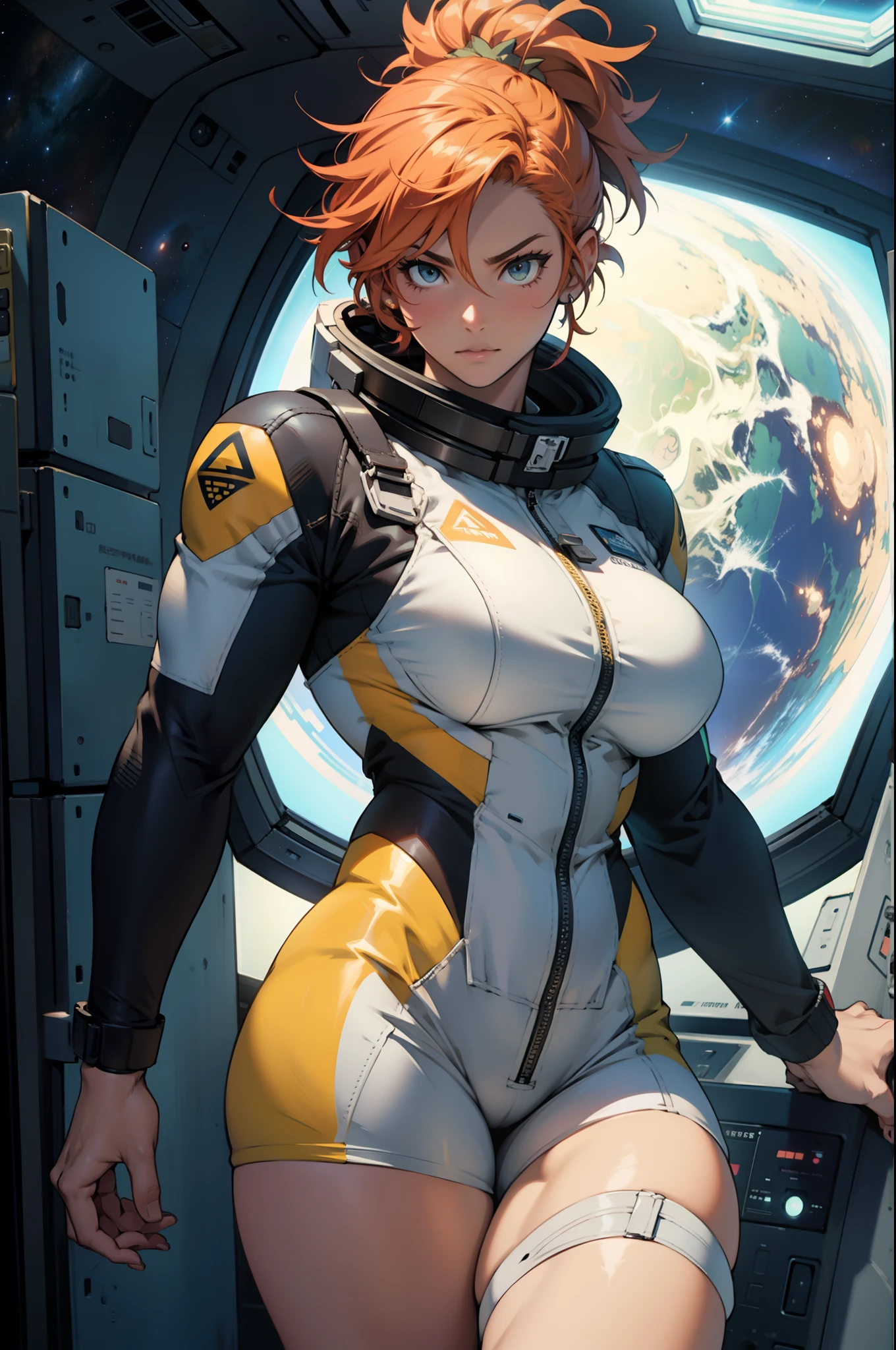 pineapple hair muscular large breasts thick thighs pilot suit solo looking at viewer in space