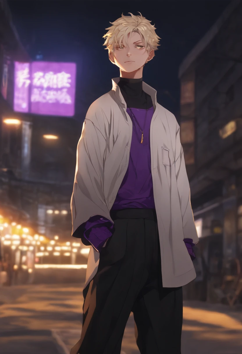 Short hair Messy black Red eyes pale skin athletic body many scars man black clothing with purple lighting yellow buttons long sleeve jujutsu kaisen