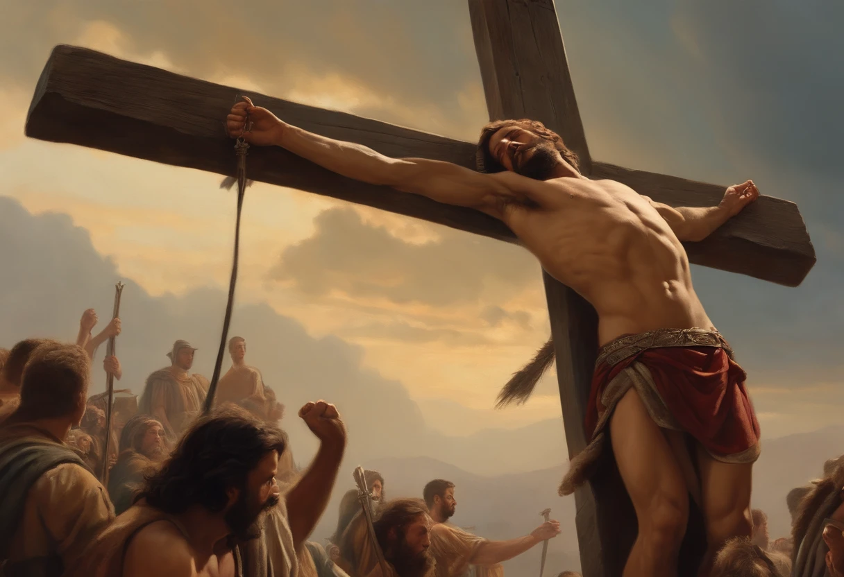 Please create an image of a man hanging on a cross, other than Jesus, an expression of suffering, with Roman soldiers around him, and people looking around, a scene seen from a middle distance, with details that refer to the historical environment. Ultrarealistic, oil painting, 8k.