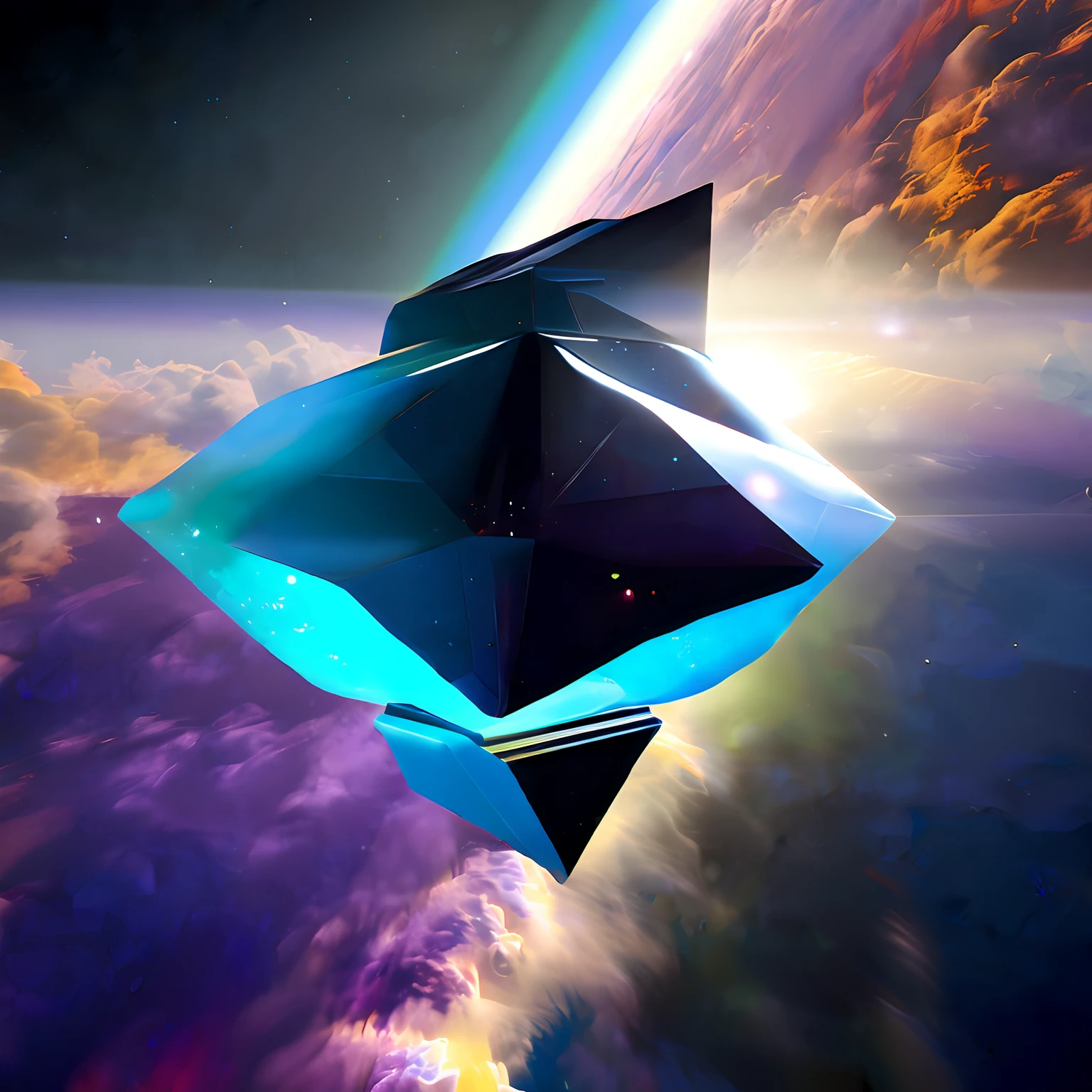 A 3D lead stone polygon flying in outer space.