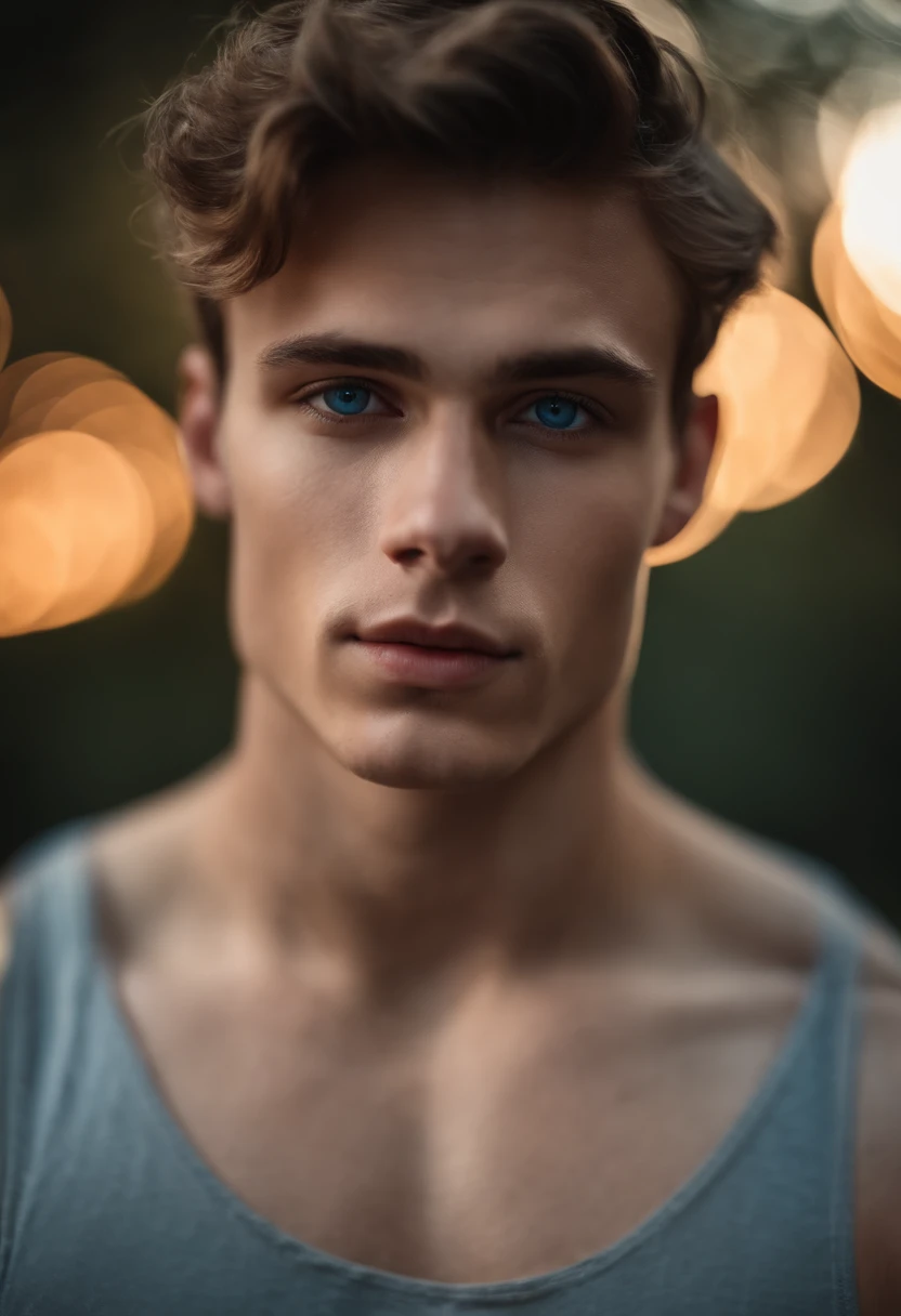 portrait of a handsome male model, 18 years old, shirtless, barechest, without beard, with short hair wavy hair, blue eyes, thick lips