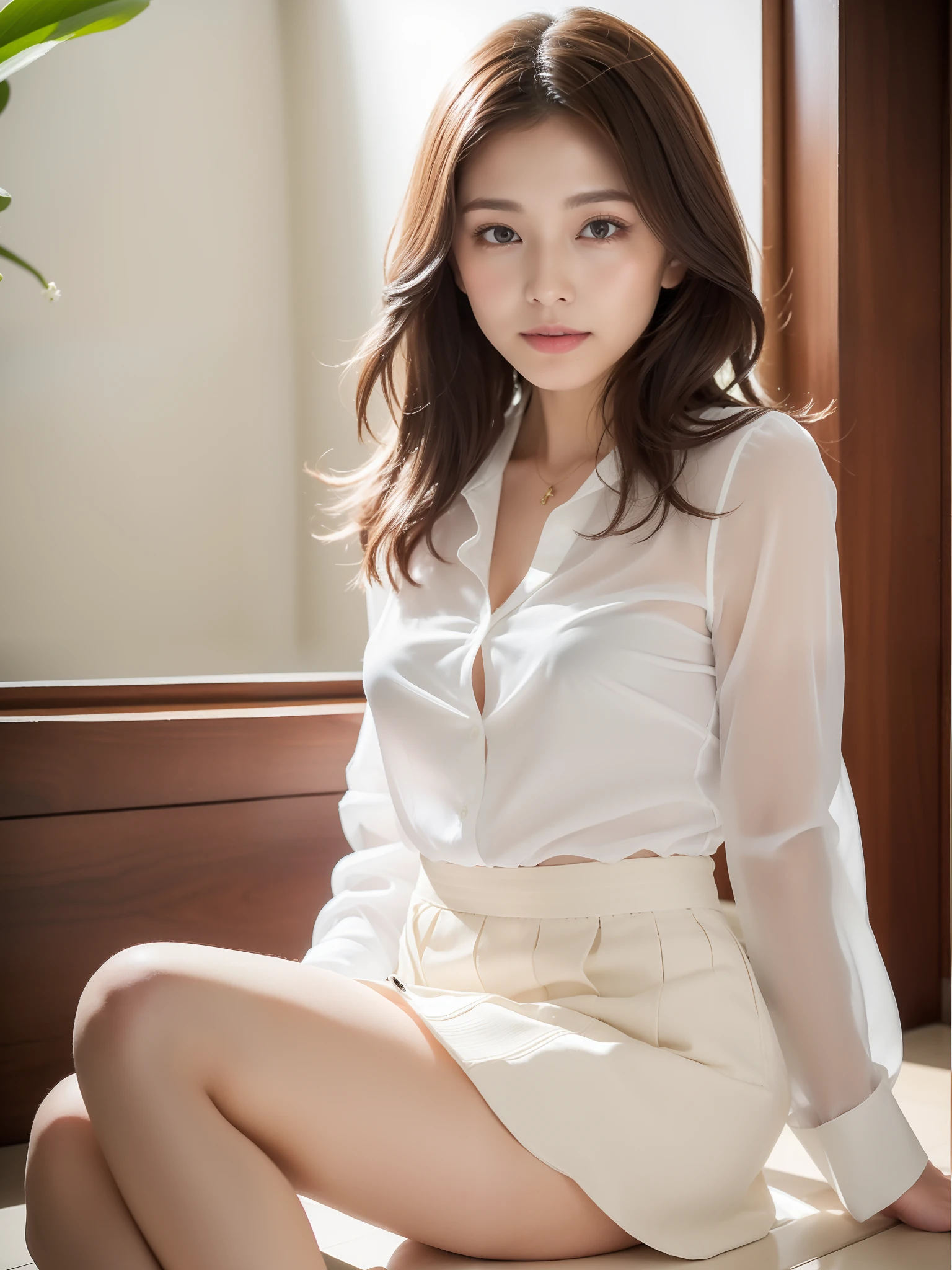 ((of the highest quality, 8K, masutepiece: 1.3, Raw photo)), Sharp Focus: 1.2, (1 AESPA Girl :1.1), Solo, (Realistic, Photorealistic: 1.37), (Face Focus: 1.1), Cute face, hyperdetailed face, Short messy hair, Small Smile, Small breasts, flat chest, , (White chiffon shirt, Check skirt: 1.2), (Sit on one knee upright: 1.2), crass room, Thigh, (roll up the skirt: 1.2), cattleya