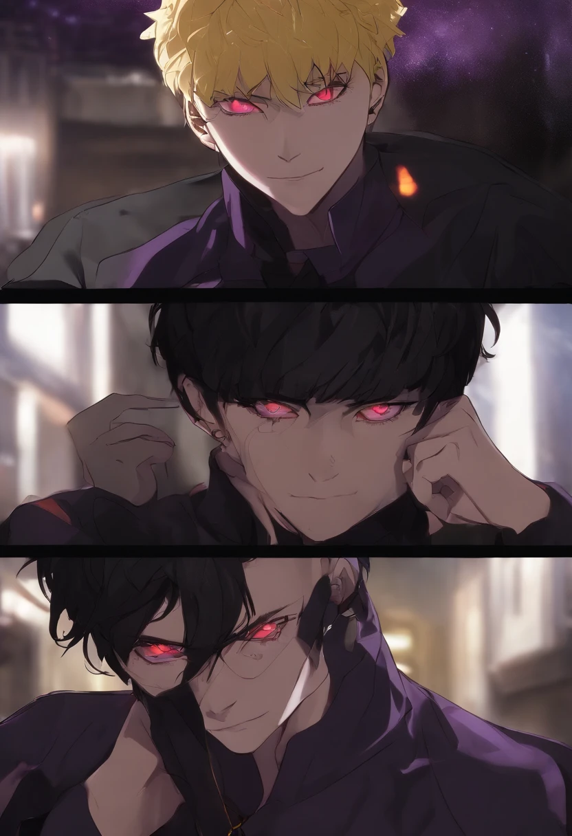 Short black hair messy Red eyes pale skin athletic body many scars man 17 years old black clothing with purple lighting yellow buttons long sleeve purple details jujutsu kaisen