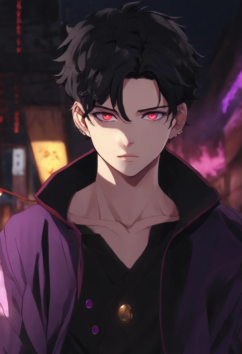 Short black hair messy Red eyes pale skin athletic body many scars man 17 years old black clothing with purple lighting yellow buttons long sleeve purple details jujutsu kaisen