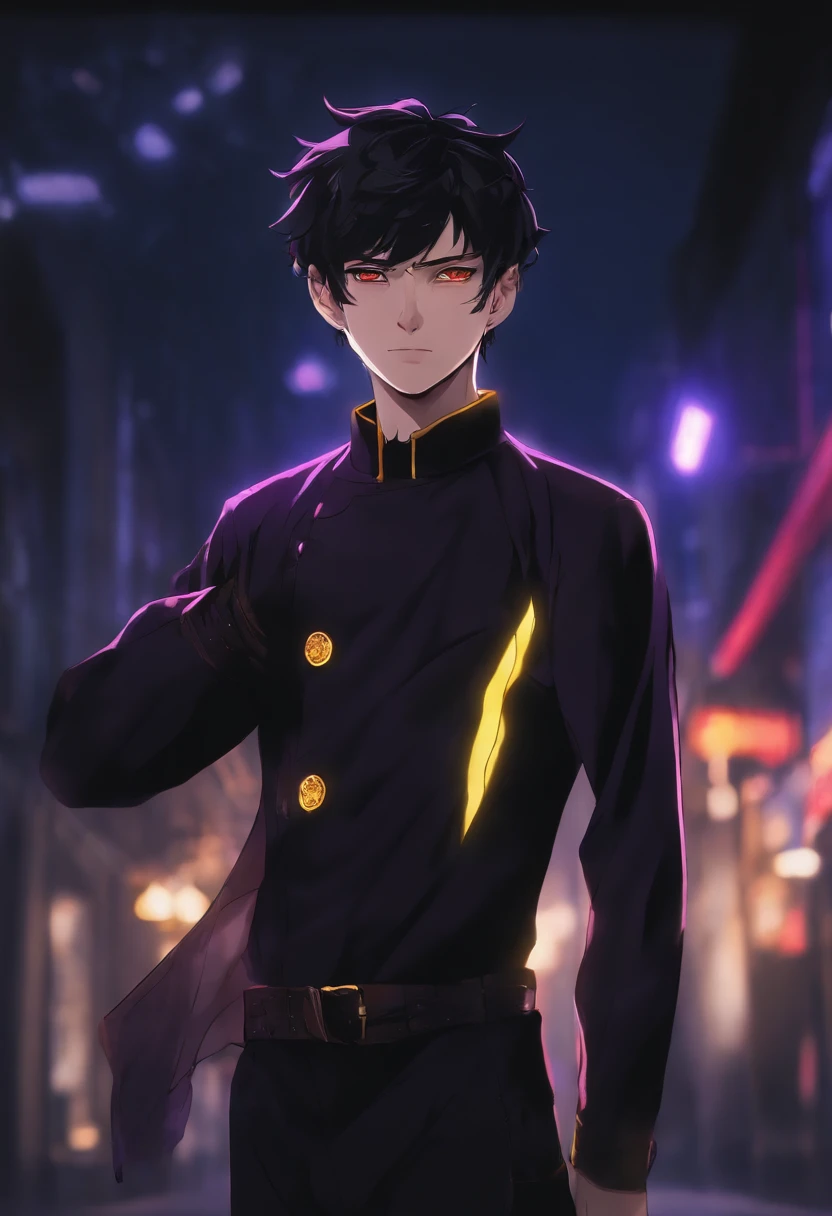 Short black hair messy Red eyes pale skin athletic body many scars man  black clothing with purple lighting yellow buttons long sleeve purple details jujutsu kaisen