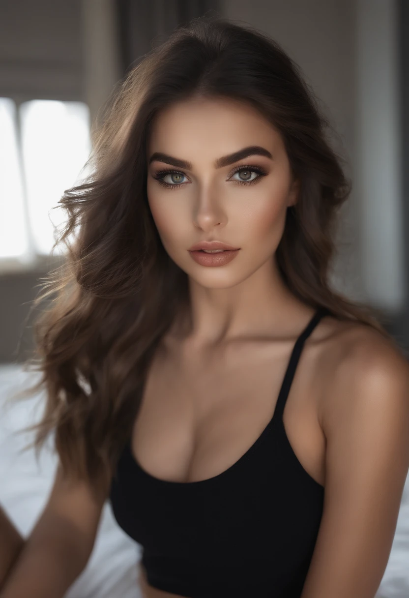 arafed frau voll , Sexy girl with brown eyes, ultra realistisch, Akribisch detailliert, portrait sophie mudd, brown hair and big eyes, Selfie einer jungen Frau, Dubai Augen, Violet Myers, ohne Make-up, Natural makeup, Blick direkt in die Kamera, Gesicht mit Artgram, dezentes Make-up, Stunning full body shot, die auf dem Bett kniet, im Schlafzimmer, medium to large bust size. nackt in einem pool