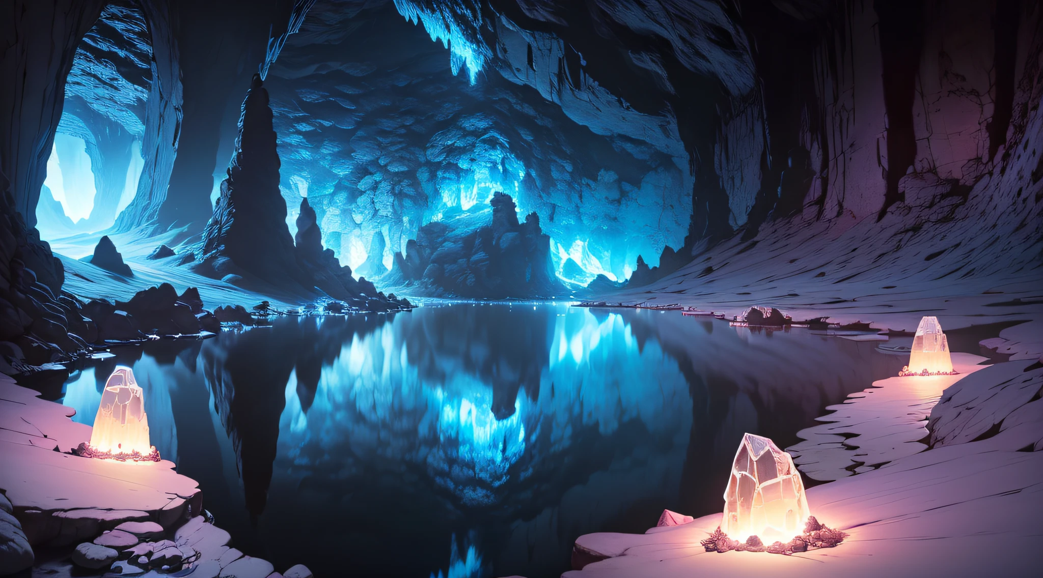 GRANDE caverna sem luz, totalmente escura, ((pingentes de cristal vermelho luminescente descem do teto iluminando parcialmente a caverna, lago interno reflete a luz vermelha.