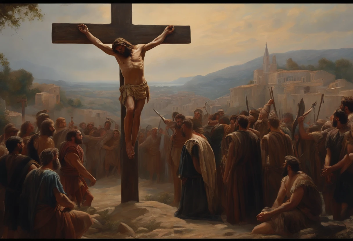 Please create an image of a man hanging on a cross, other than Jesus, an expression of suffering, with Roman soldiers around him, and people looking around, a scene seen from a middle distance, with details that refer to the historical environment. Ultrarealistic, oil painting, 8k.