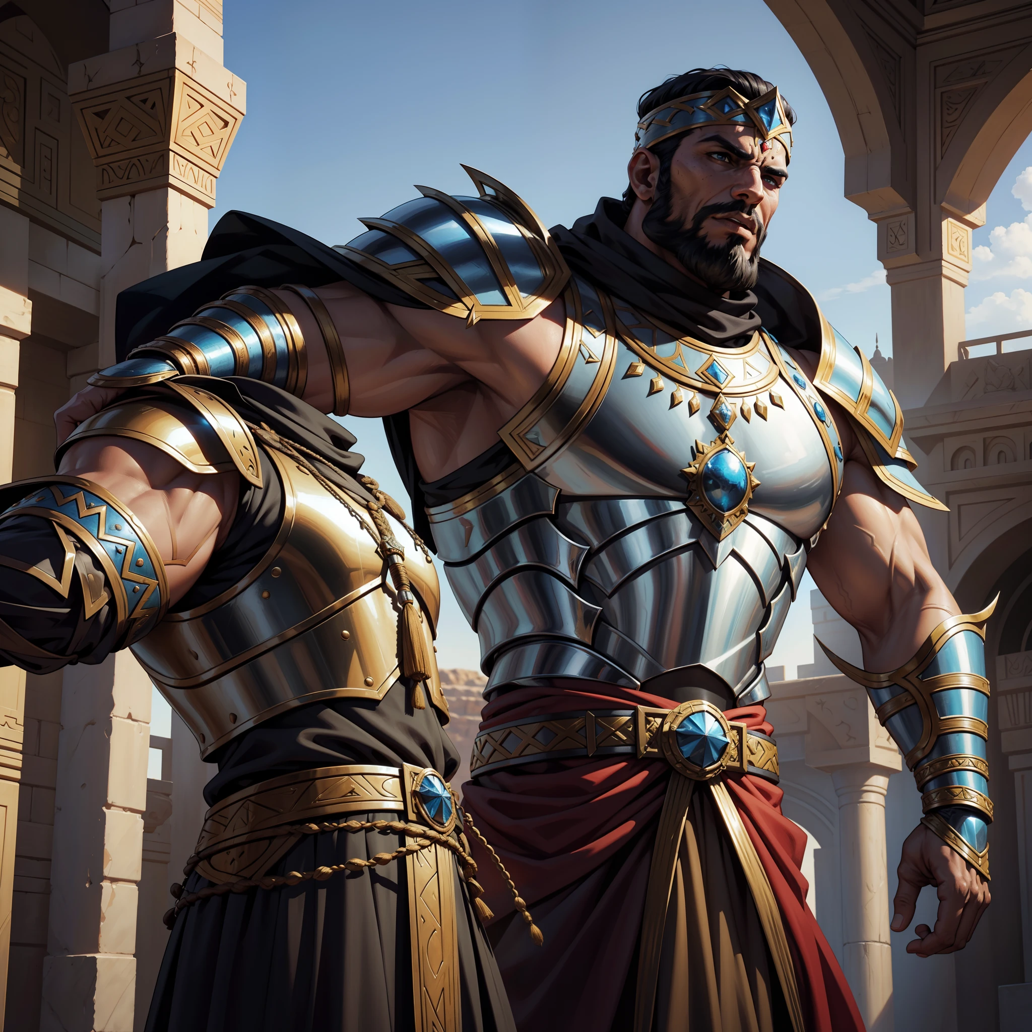 Moroccan muscular handsome warrior leather Armor Wear hyper realistic super detailed Dynamic shot centerpiece cutscene scenes movie Epic Legendary Moroccan Lord leading the jinn to fight sharp details cinematic scenes movie Epic Legendary islamic warrior Wear hyper realistic super detailed