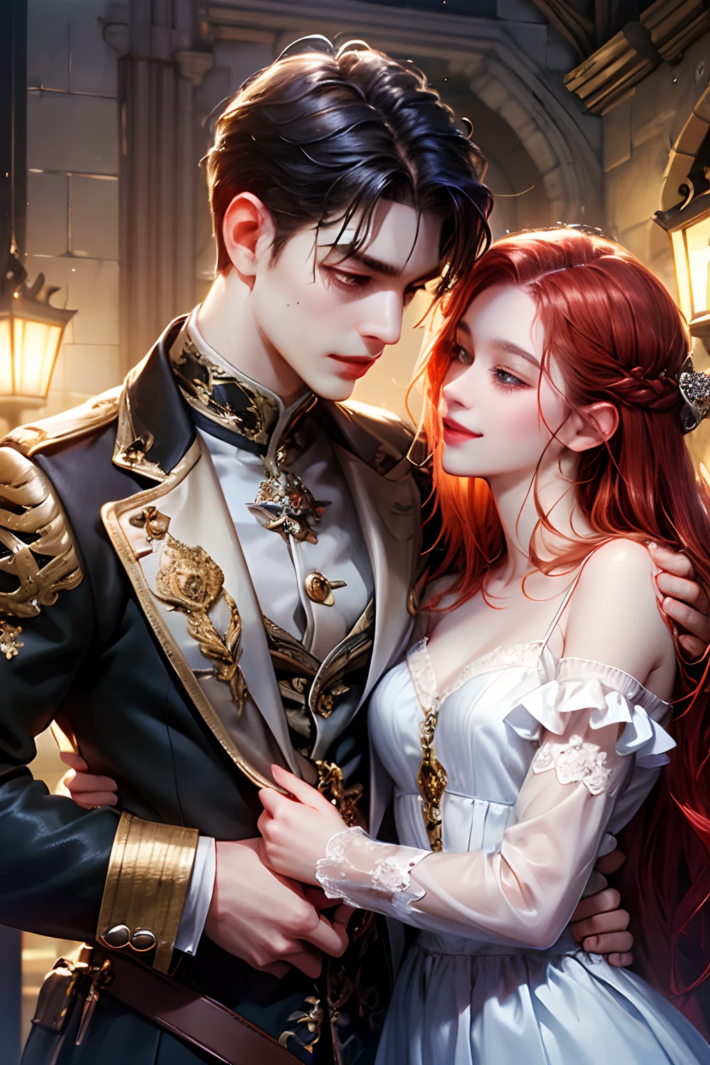 (absurdress, hight resolution, overdetalization), 2Others, couple, 1 male thief and 1 female princess, Mature, height difference, Different hair color, a happy, Love, Cuddling, upper-body, hairlong, black hair and red hair, Fantasy, night garden, Nocturnal moths, Gothic atmosphere