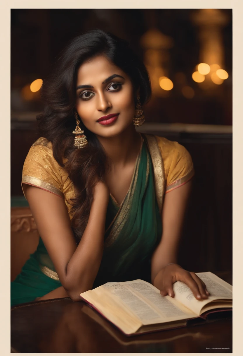 Indian woman sitting at a table in a restaurant with a book, gorgeous young Indian woman, beautiful young Indian woman, beautiful south indian woman, No background blur, overcast lighting, no cinematic lighting, round face, indian girl, beautiful korean girl, Mobile photography , mobile camera, taken in mobile phone, realistic, ultra realistic human, female from india, in saree