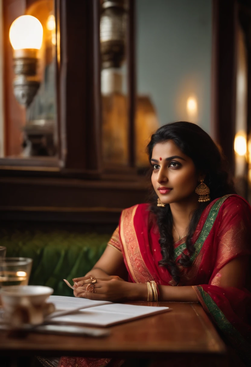 Indian woman sitting at a table in a restaurant with a book, gorgeous young Indian woman, beautiful young Indian woman, beautiful south indian woman, No background blur, overcast lighting, no cinematic lighting, round face, indian girl, beautiful korean girl, Mobile photography , mobile camera, taken in mobile phone, realistic, ultra realistic human, female from india, in saree