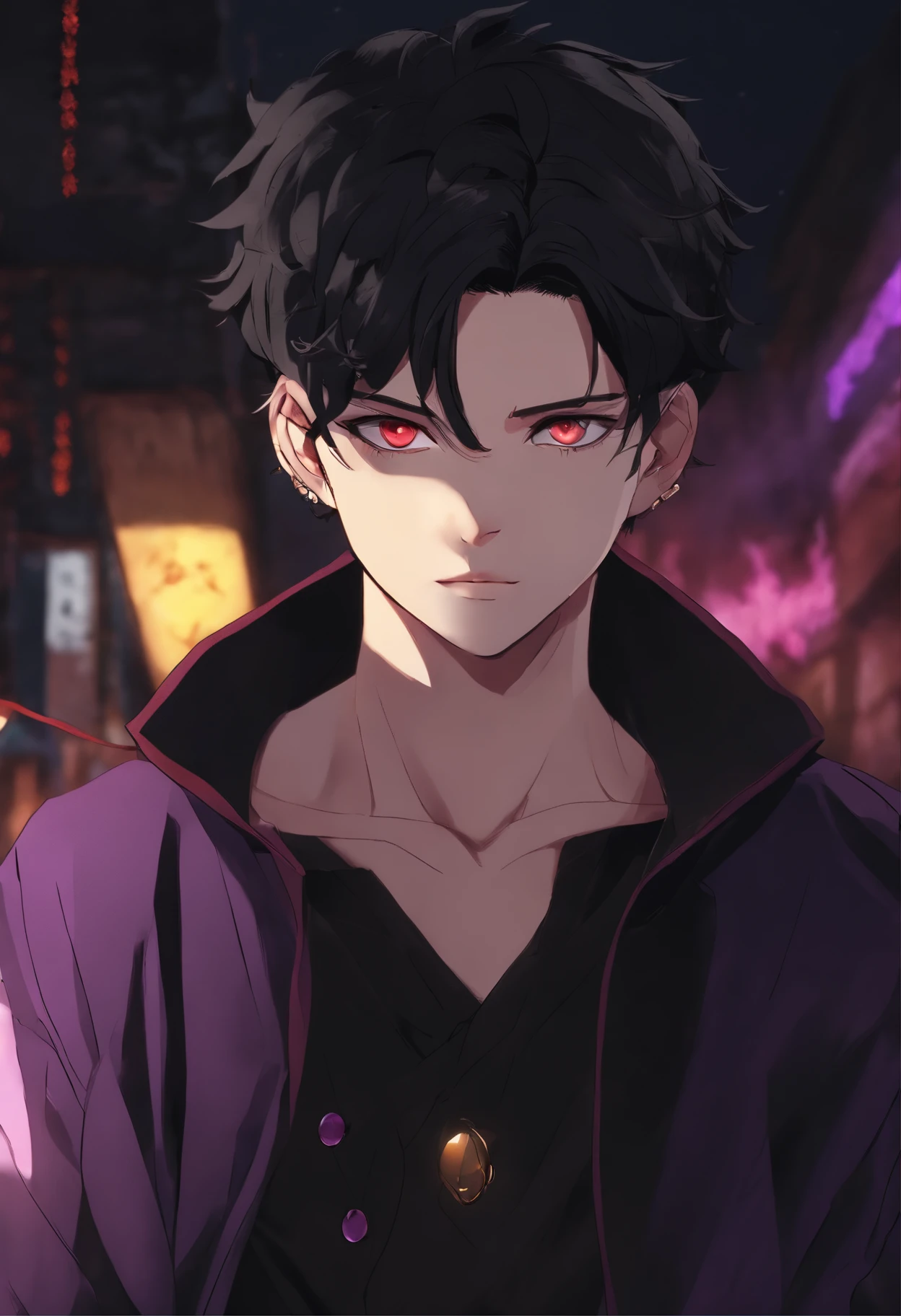 Short black hair messy Red eyes pale skin athletic body many scars man 17 years old black clothing with purple lighting yellow buttons long sleeve purple details jujutsu kaisen