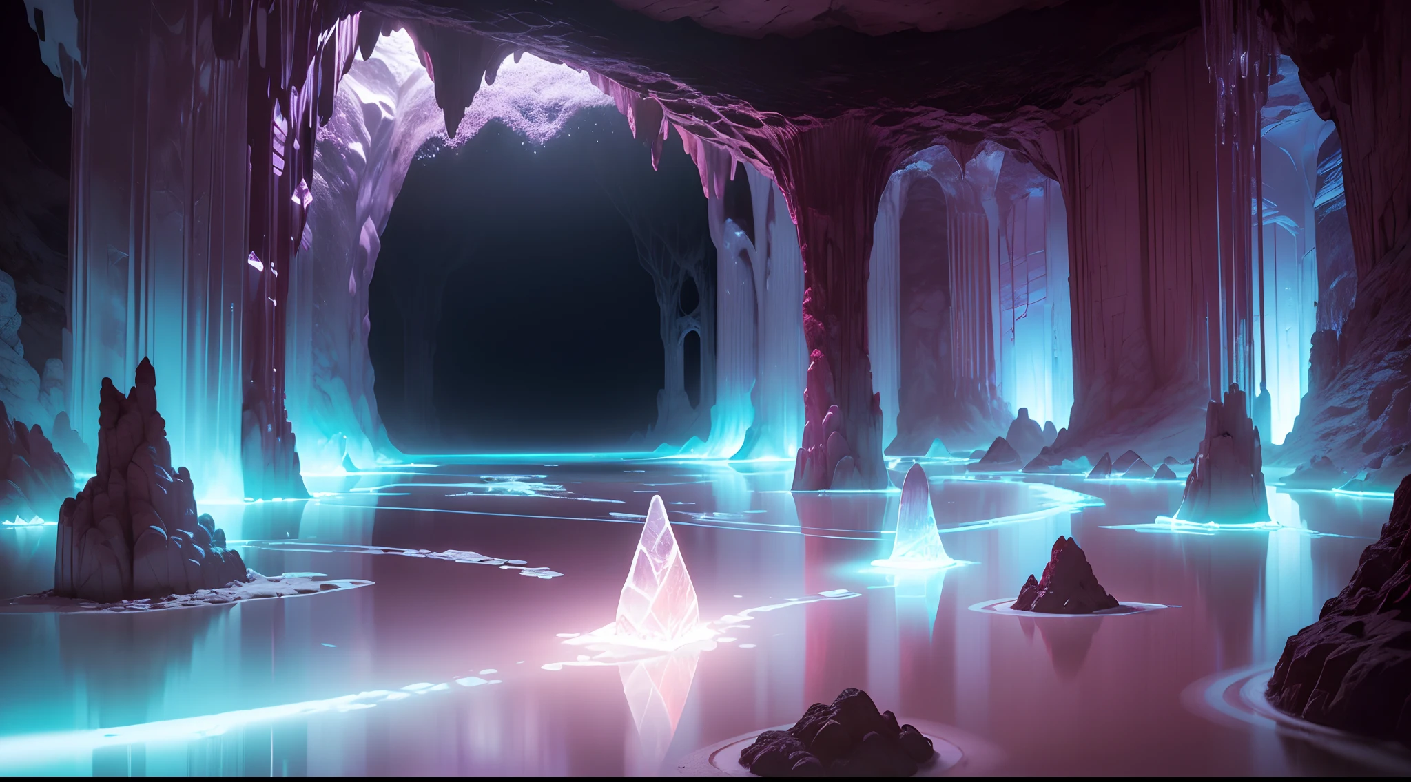 GRANDE caverna sem luz, totalmente escura, ((pingentes de cristal vermelho luminescente descem do teto iluminando parcialmente a caverna, lago interno reflete a luz vermelha.