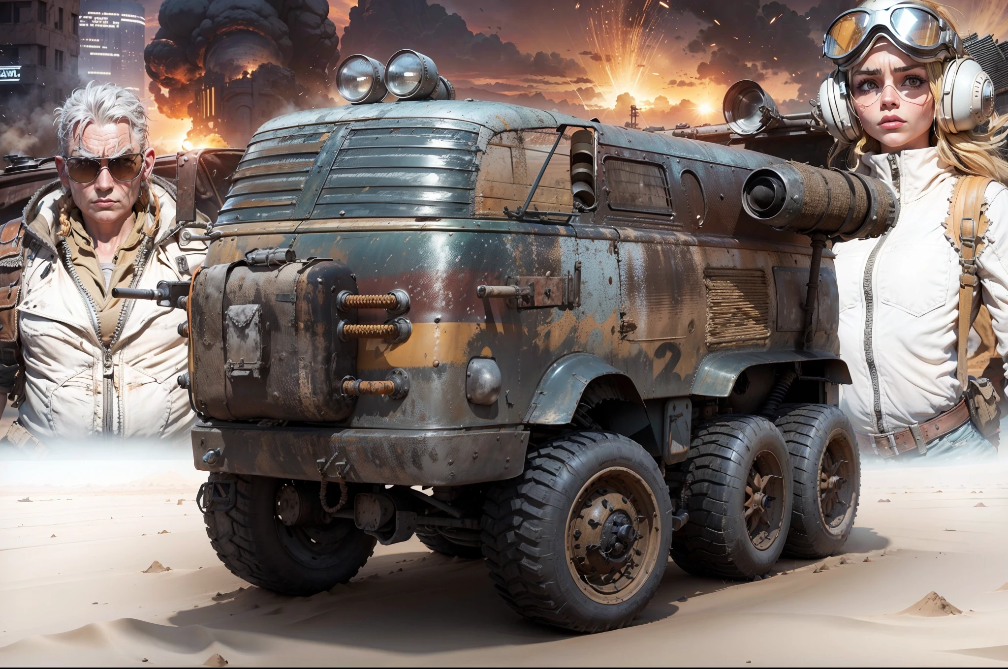 Uma Volksvagen Kombi GRUNGE and old todo-poderoso estilo Mad Max com torpedos e turbina, behind a pilot in Mad Max-style clothes and on the other side a beautiful Mad Max-style warrior woman and in the background explosions in the middle of the desert with Mad Max-style buildings and constructions, The whole scene is in orange yellow hues of the dry desert with a sun shining in the sky