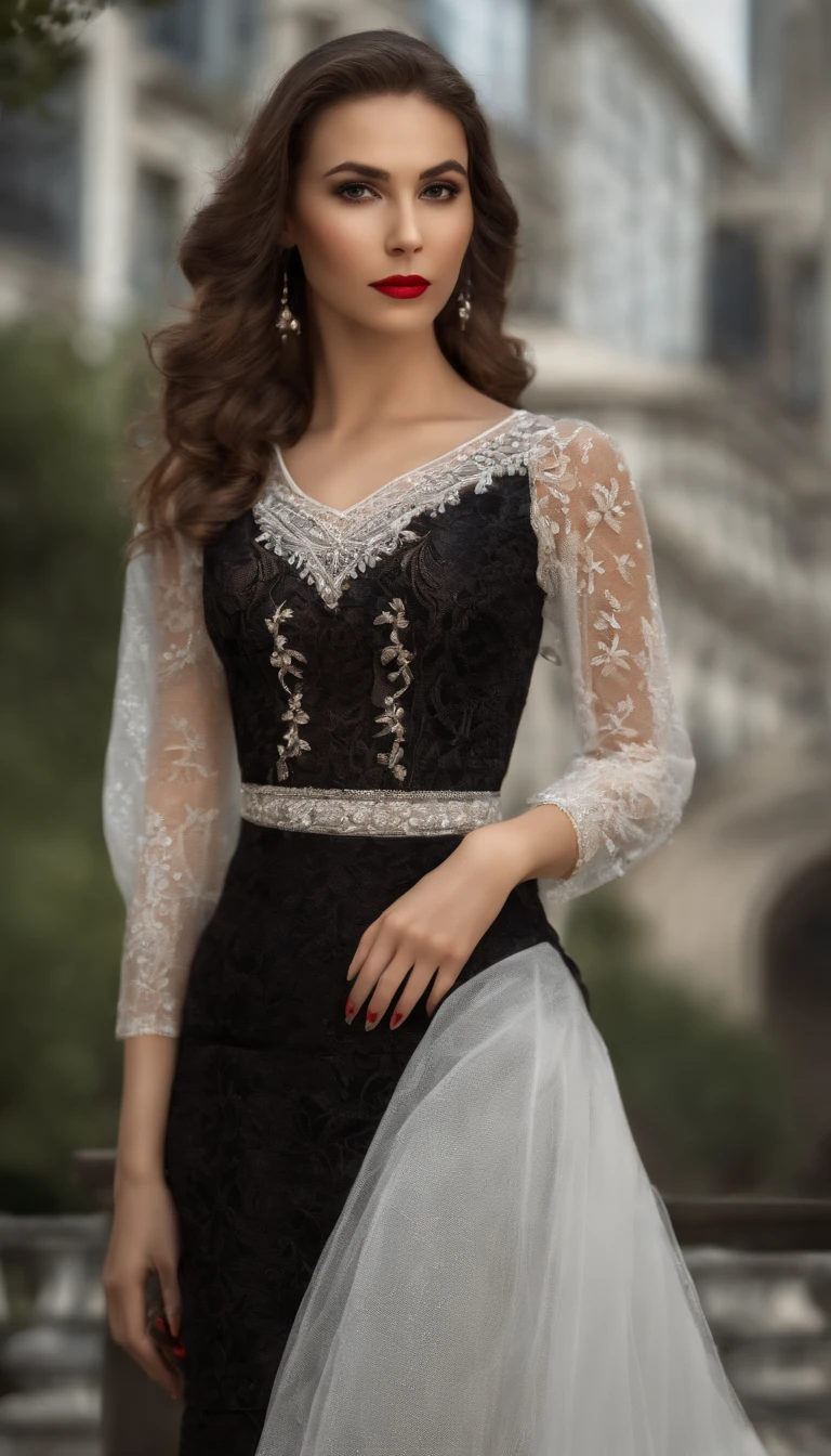 (full body shot:1.5), (front view:1.2), (Masterpiece:1.1), standing position, 1girl, solo girl, 20 year old girl, ultra realistic face, hyperrealistic, hyperdetailed, (looking at viewers), sharpen, detailed face, detailed eyes, detailed lips, red lips, beautiful face, 16k, FHD, raw photo, cute face mesh, pretty face mesh, beautiful hair style, hair tied, intricate, extremely detailed, (perfect breast, perky boobs, close cleavage), scattering surface, ultra realistic texture, smooth skin, realistic face, red lip, glow face, very_high_resolution, perfect figure beautiful curved body, fit body, club hair ornament, (realistic photos) (highest quality), shot with Canon EOS R5, 50mm lens, f/2.8, HDR, (wallpaper) (sharp focus) (complex), (beautiful net blouse, embroidery flared asymmetric skirt, gorgeous dress:1.37), (girl in luxury officeroom), (thighs garter strap), (stylish high heel),